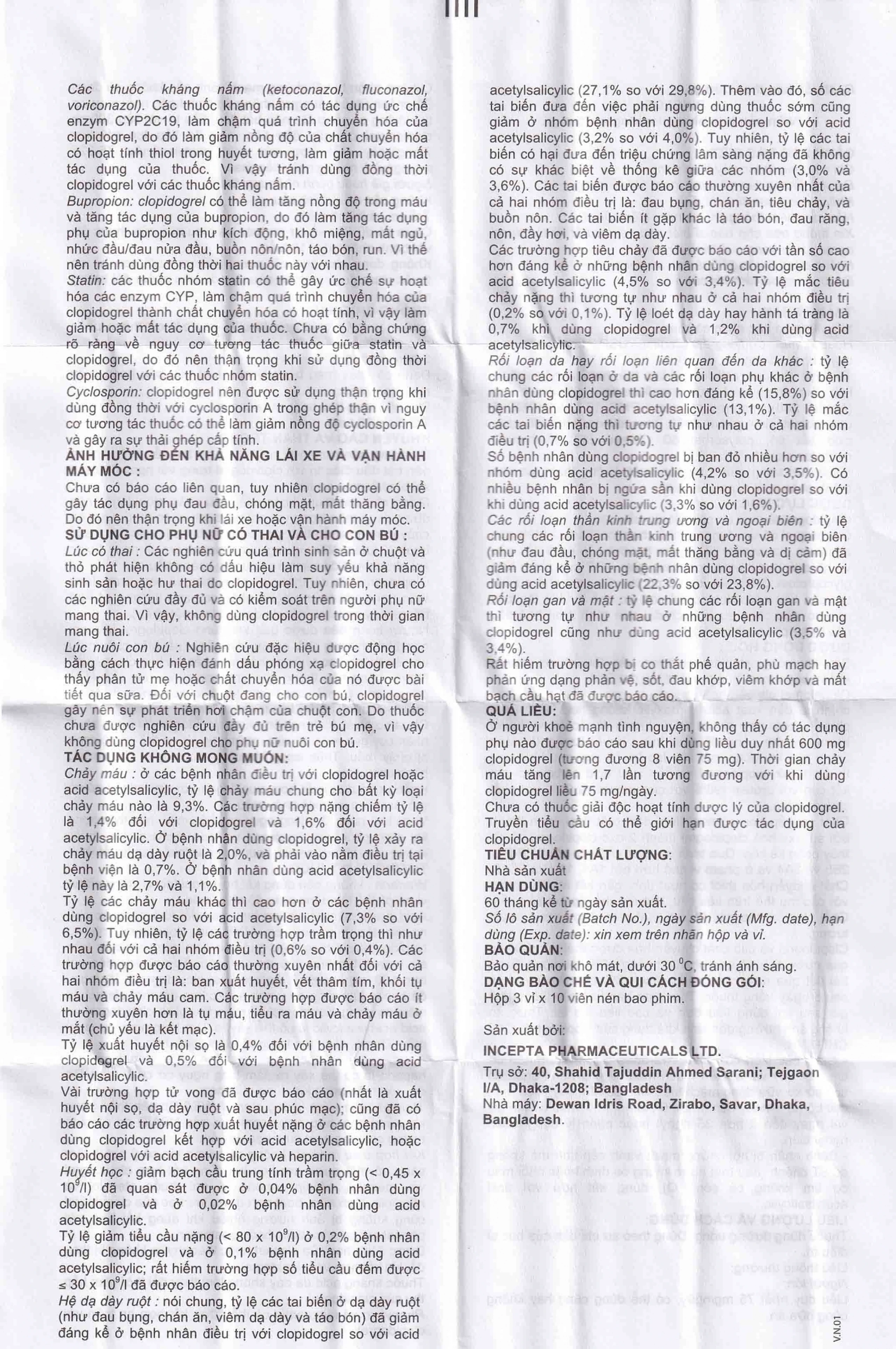 Viên nén Pinclos 75mg Incepta giảm các biến cố do xơ vữa động mạch, nhồi máu cơ tim (3 vỉ x 10 viên)