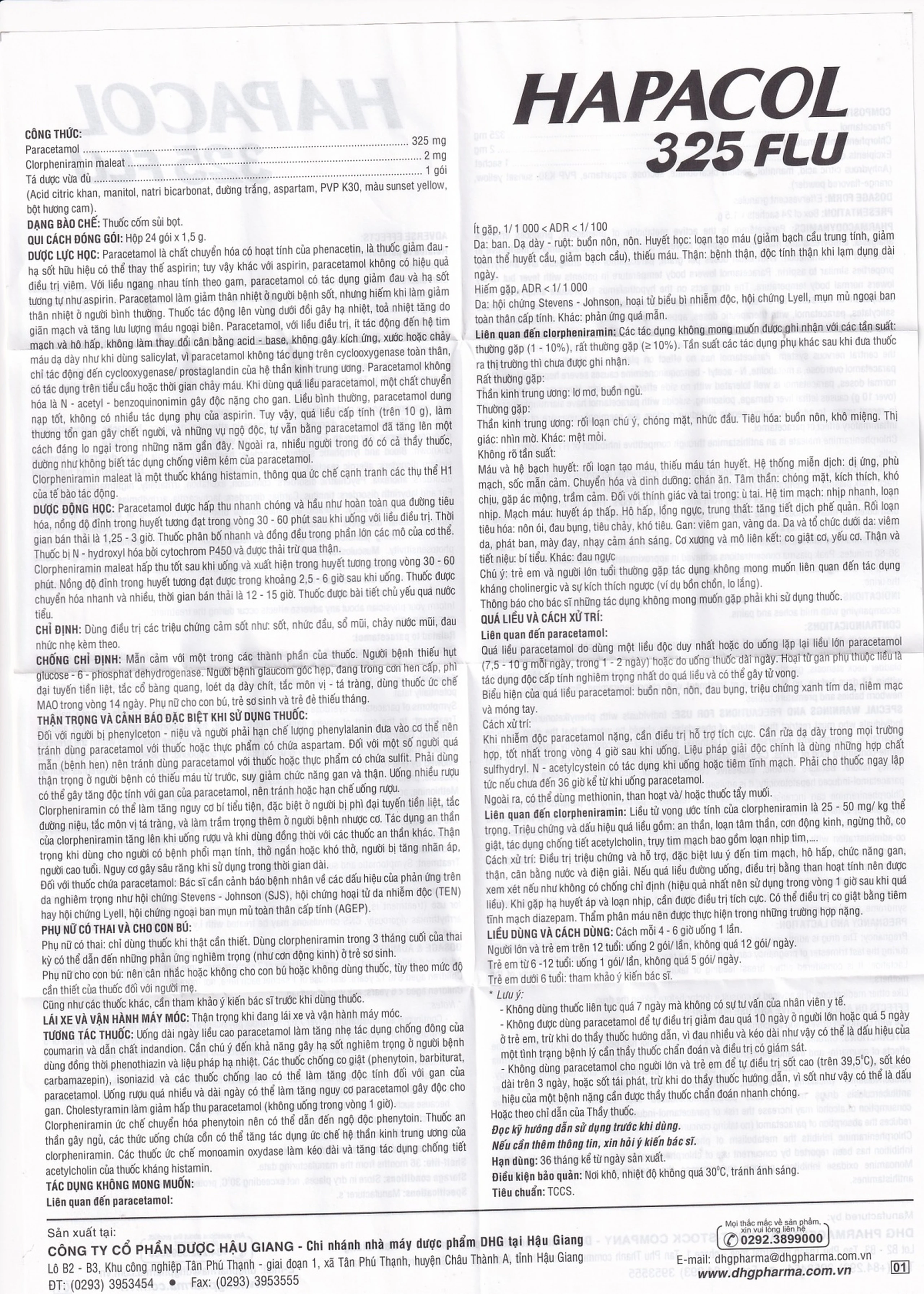 Cốm Hapacol 325 Flu DHG điều trị đau đầu, đau nửa đầu, đau răng (24 gói)