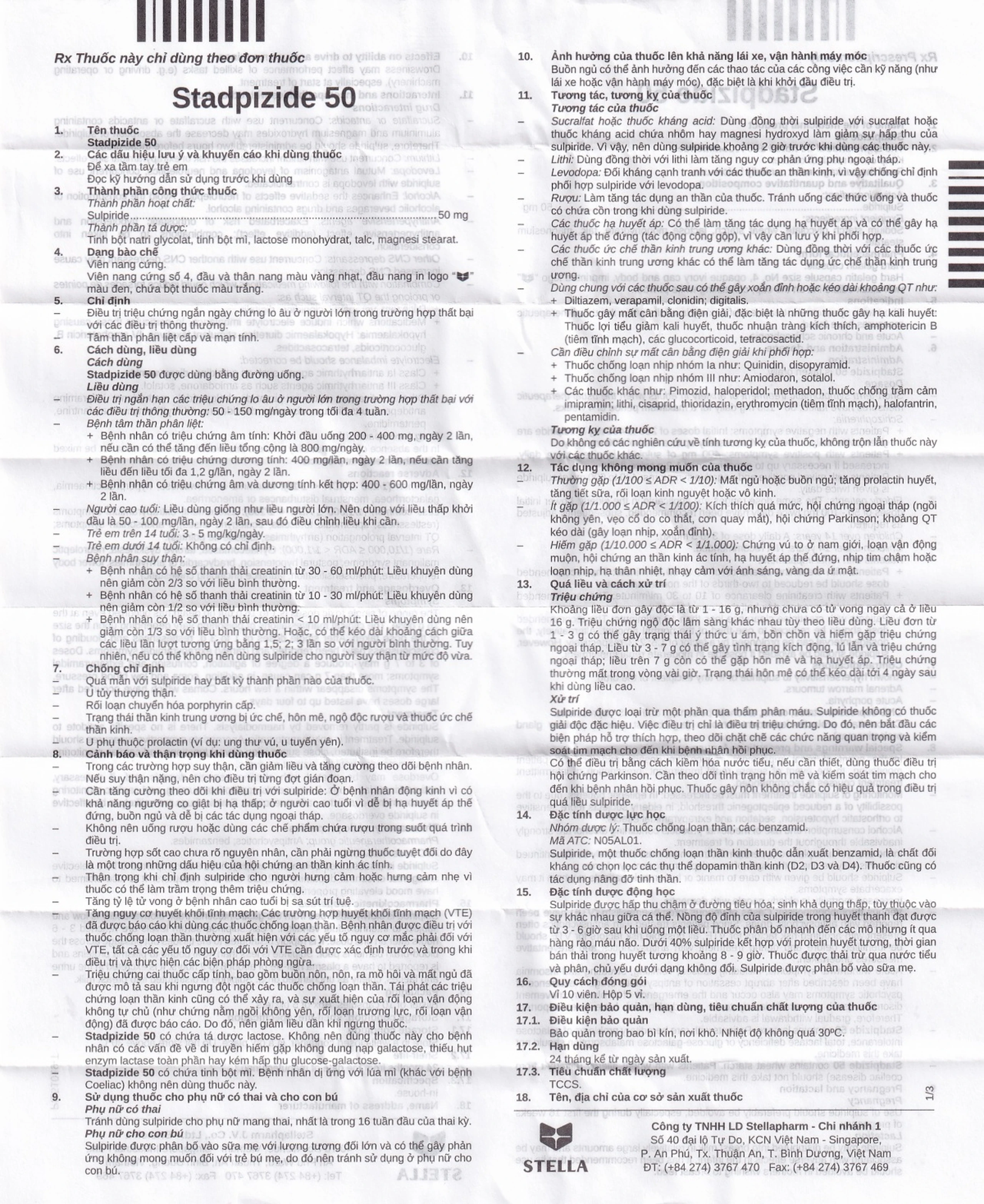 Thuốc Stadpizide 50 Stella điều trị triệu chứng ngắn ngày lo âu, tâm thần phân liệt (5 vỉ x 10 viên) 