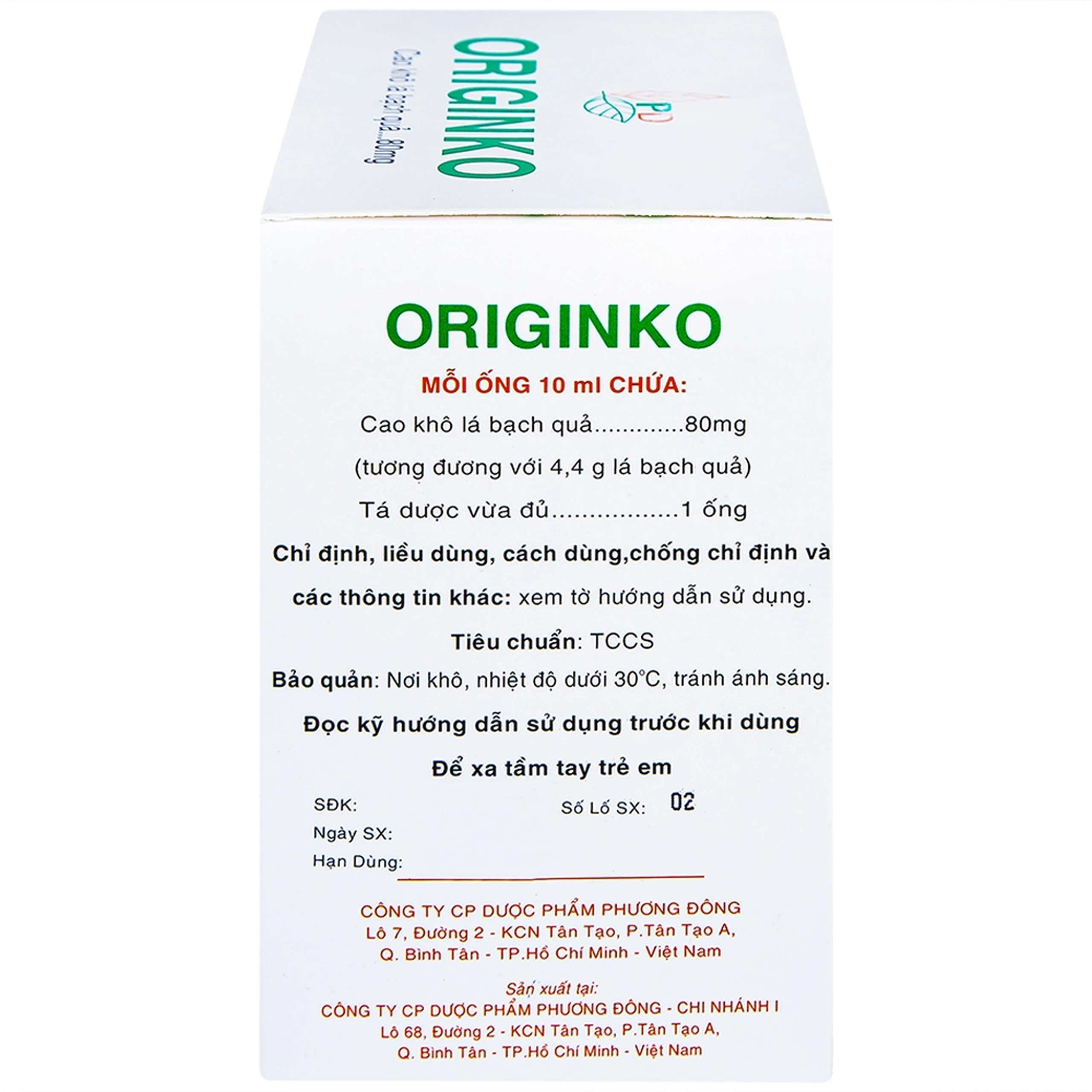 Dung dịch uống Originko 80mg Phương Đông phòng và điều trị suy giảm trí nhớ (20 ống x 10ml)