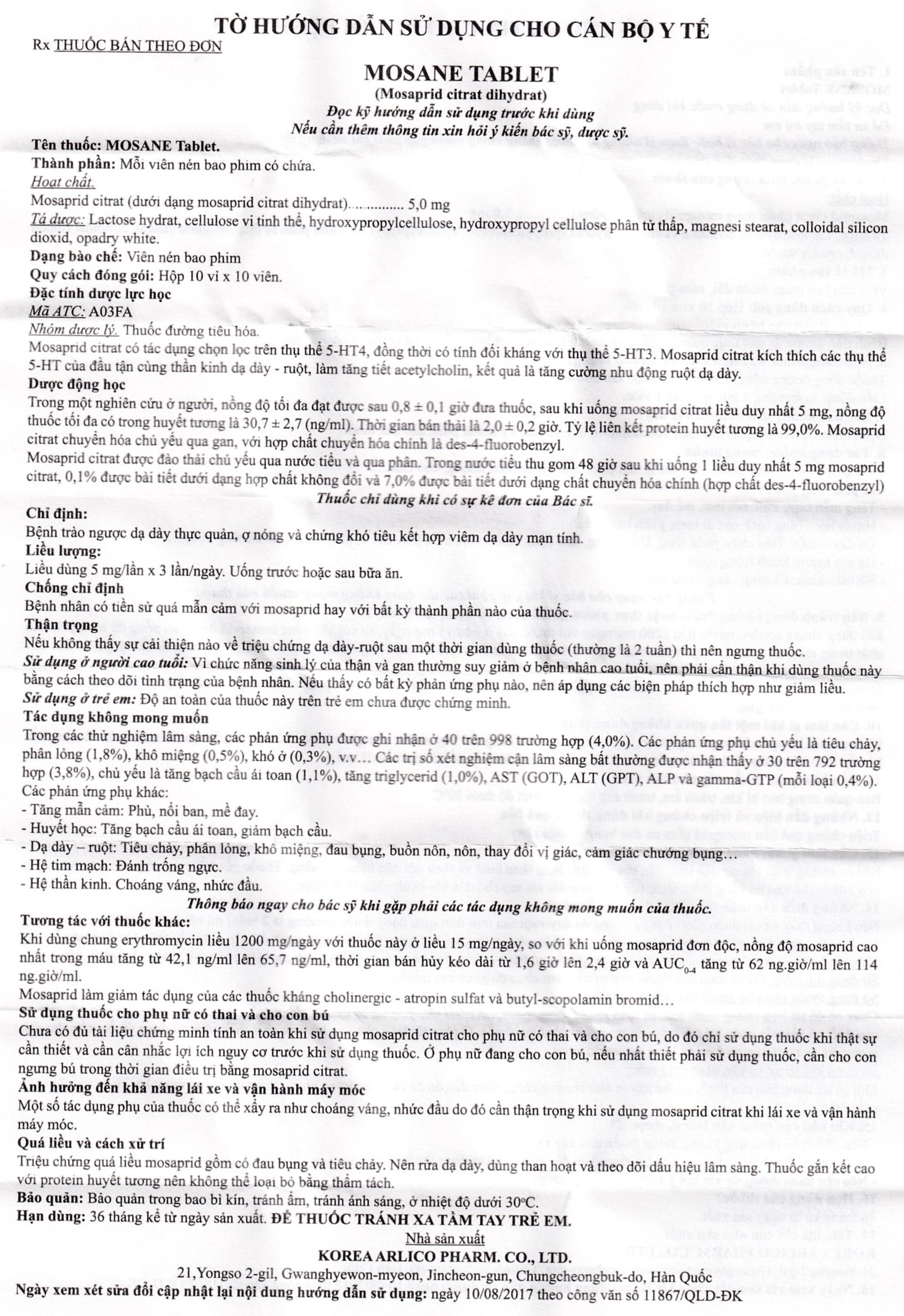 Viên nén Mosane Tablet 5mg Arlico điều trị bệnh trào ngược dạ dày - thực quản, ợ nóng (10 vỉ x 10 viên) 