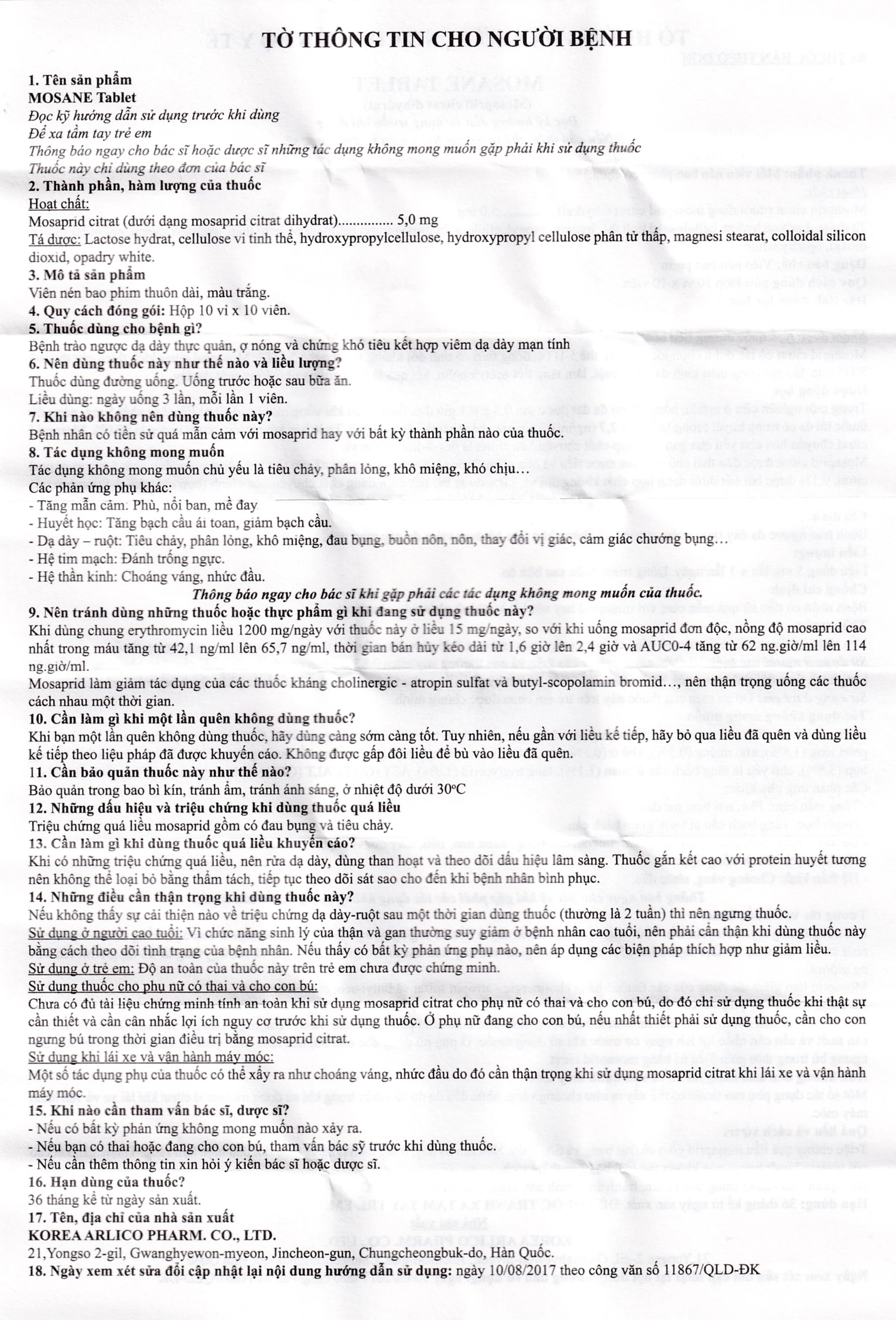 Viên nén Mosane Tablet 5mg Arlico điều trị bệnh trào ngược dạ dày - thực quản, ợ nóng (10 vỉ x 10 viên) 