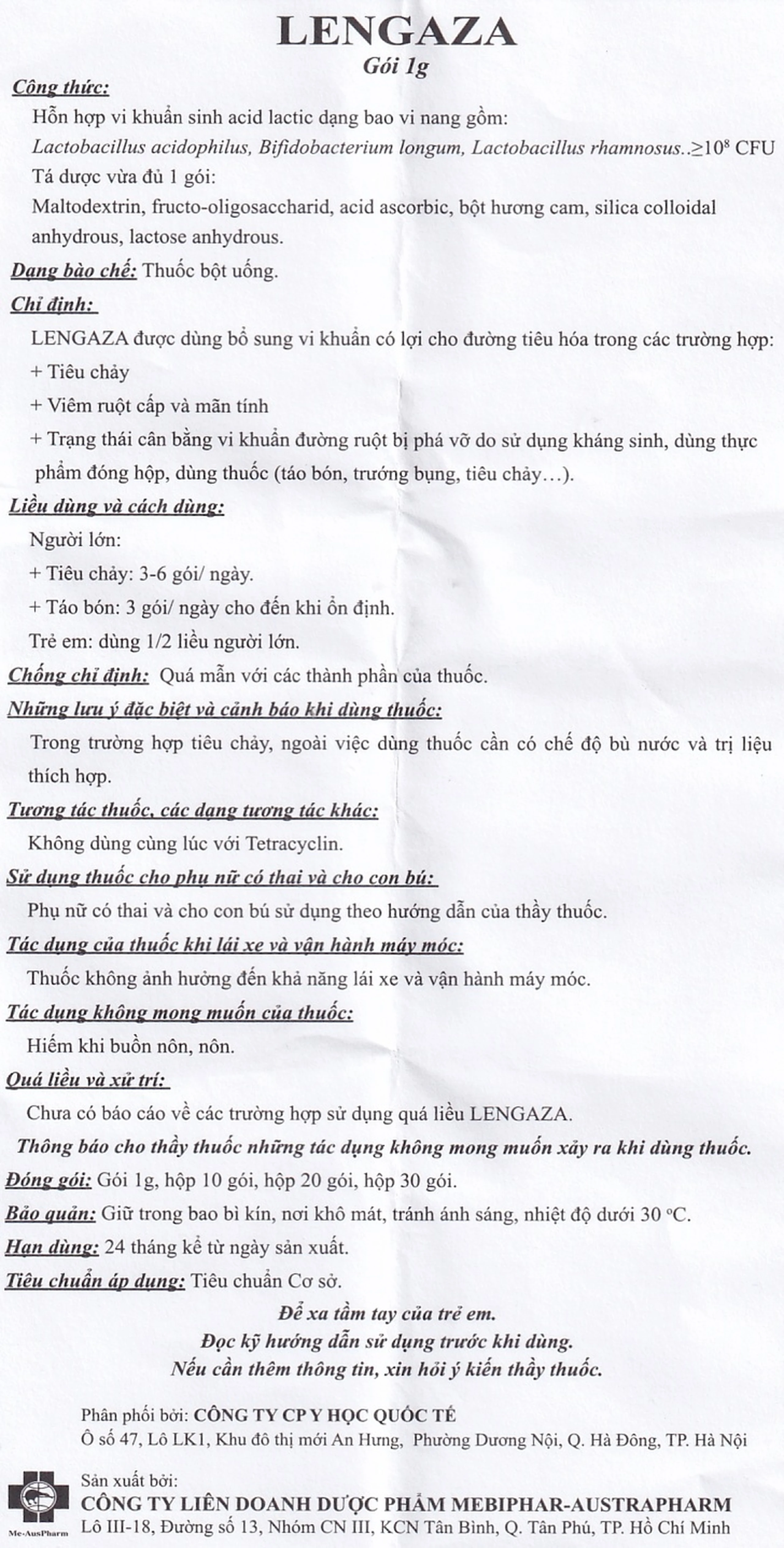 Thuốc Lengaza 1g Mebiphar điều trị các bệnh lý đường tiêu hóa, tiêu chảy, táo bón (30 gói)