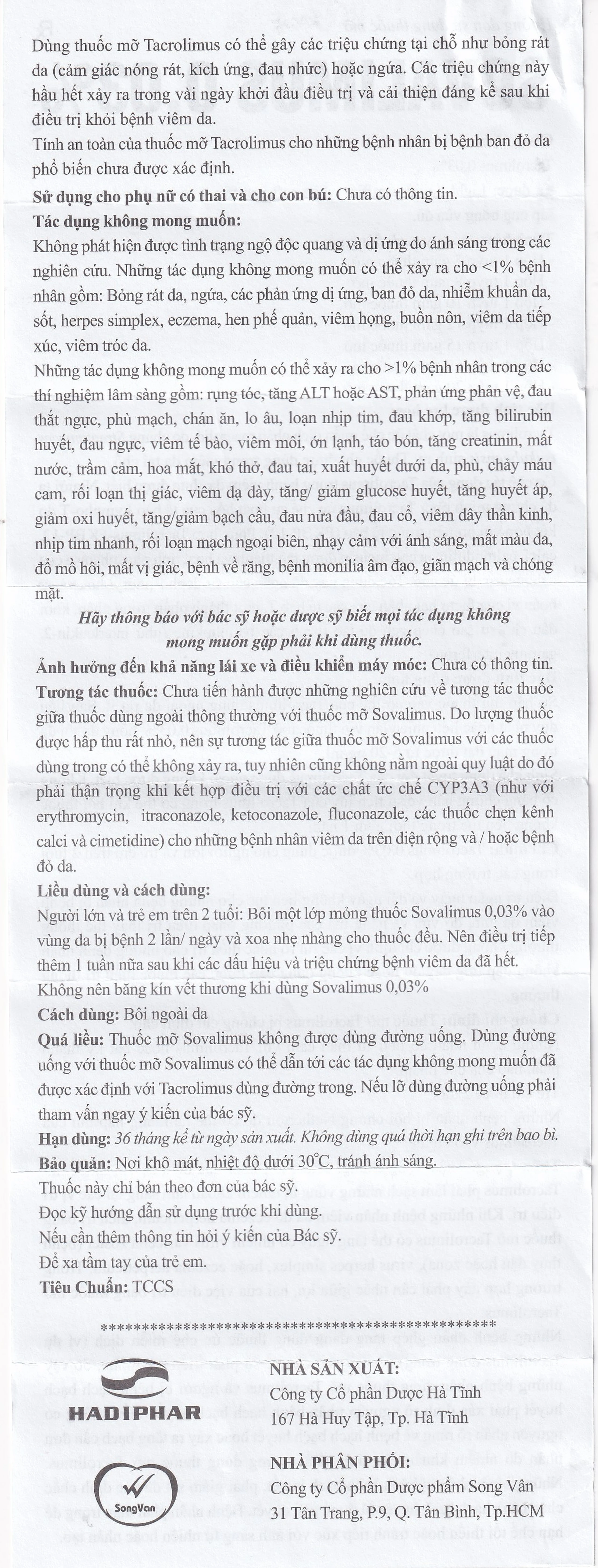 Thuốc mỡ Sovalimus 0.03% Hadiphar điều trị viêm da (10g)