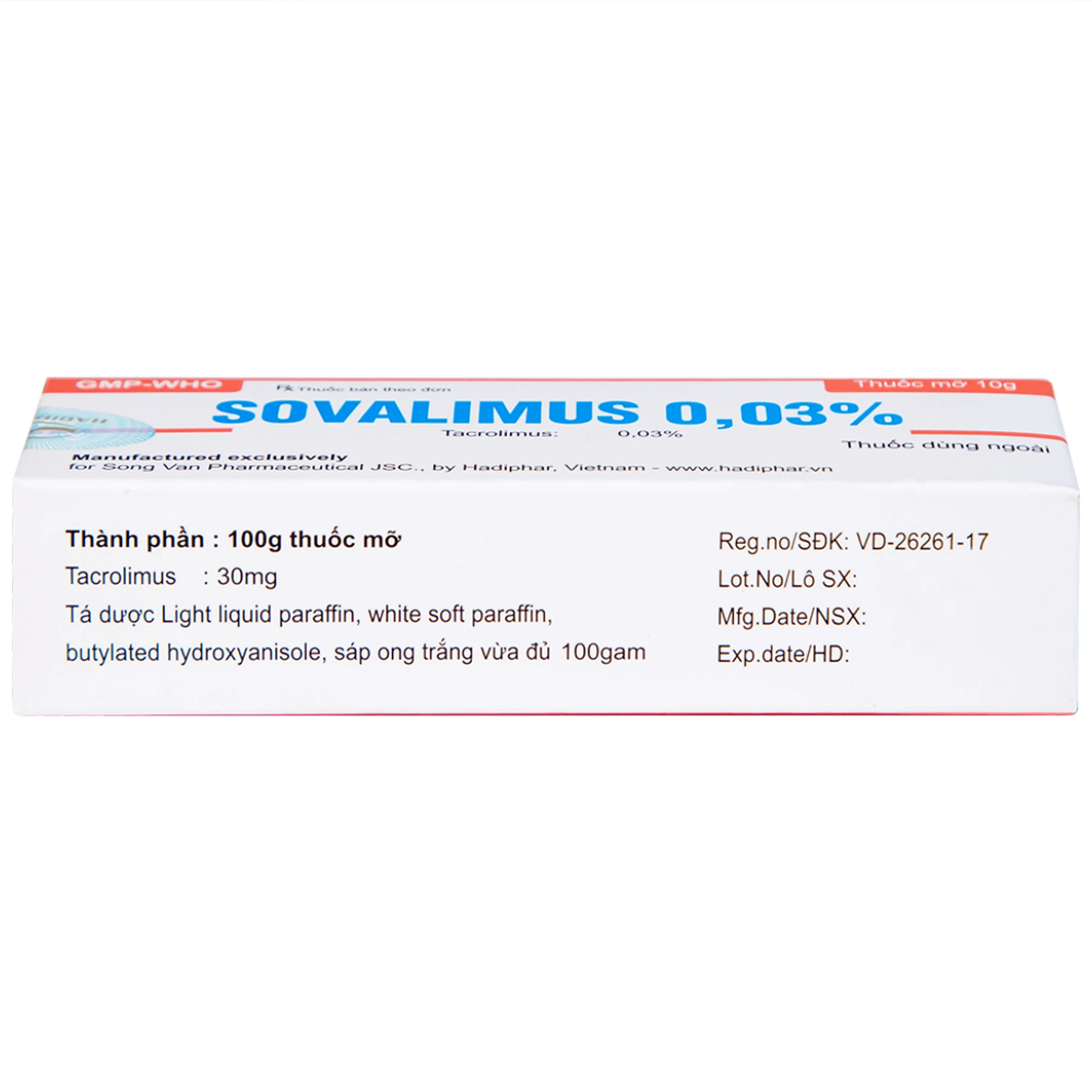 Thuốc mỡ Sovalimus 0.03% Hadiphar điều trị viêm da (10g)