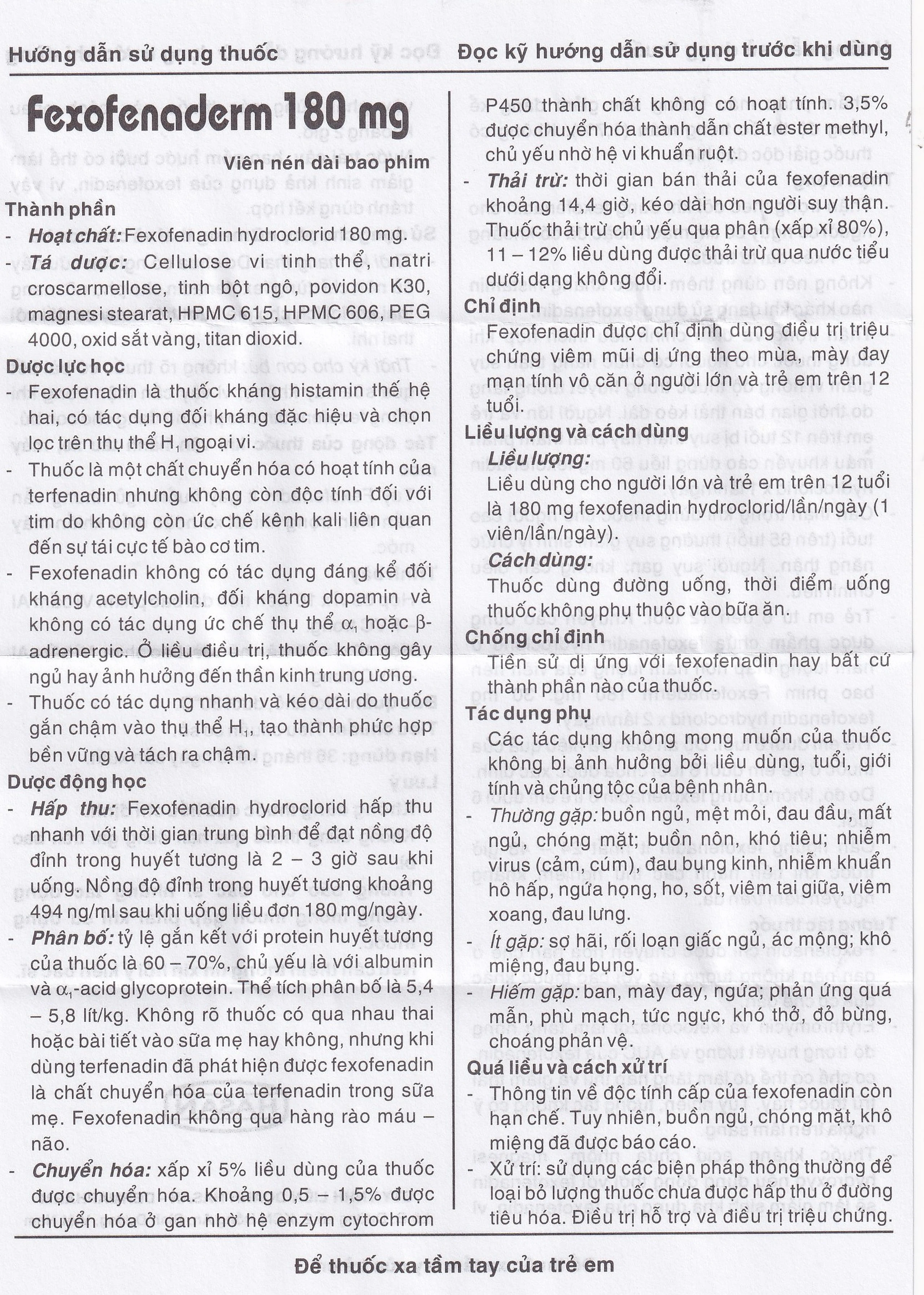 Thuốc Fexofenaderm 180mg Hasan điều trị viêm mũi dị ứng theo mùa, mày đay mạn tính vô căn (10 vỉ x 10 viên)