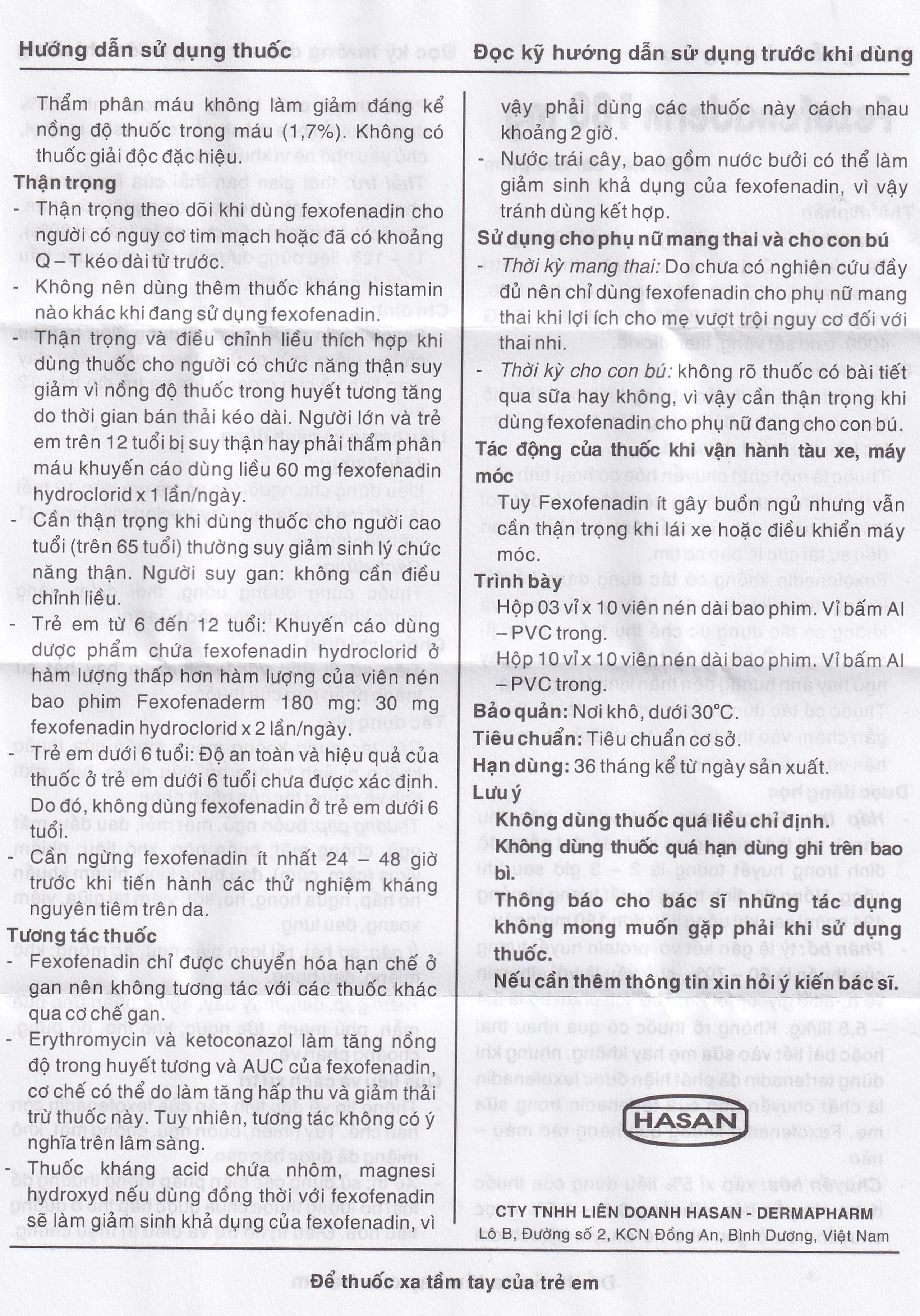 Thuốc Fexofenaderm 180mg Hasan điều trị viêm mũi dị ứng theo mùa, mày đay mạn tính vô căn (10 vỉ x 10 viên)