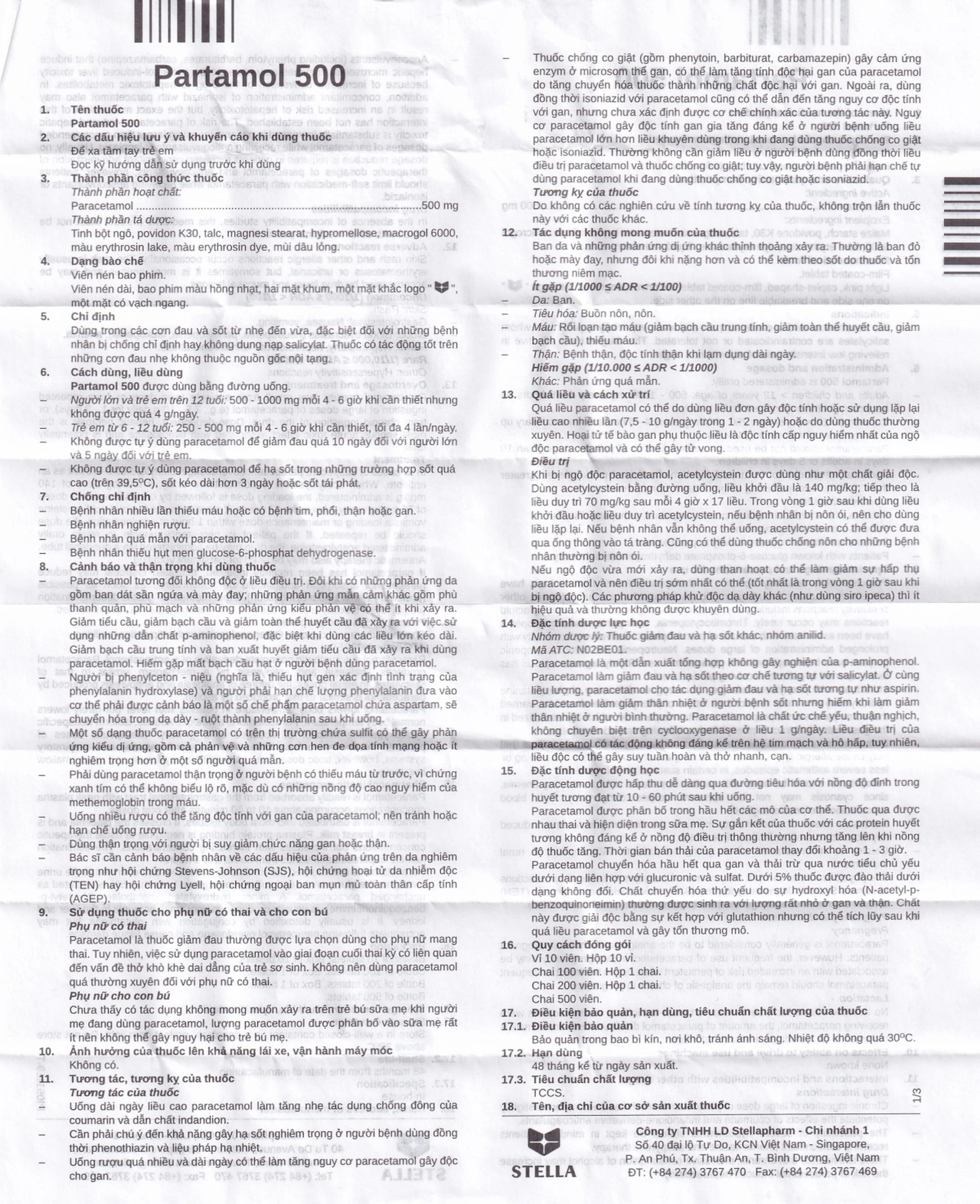 Thuốc Partamol 500 Stella điều trị các cơn đau và sốt từ nhẹ đến vừa (10 vỉ x 10 viên)