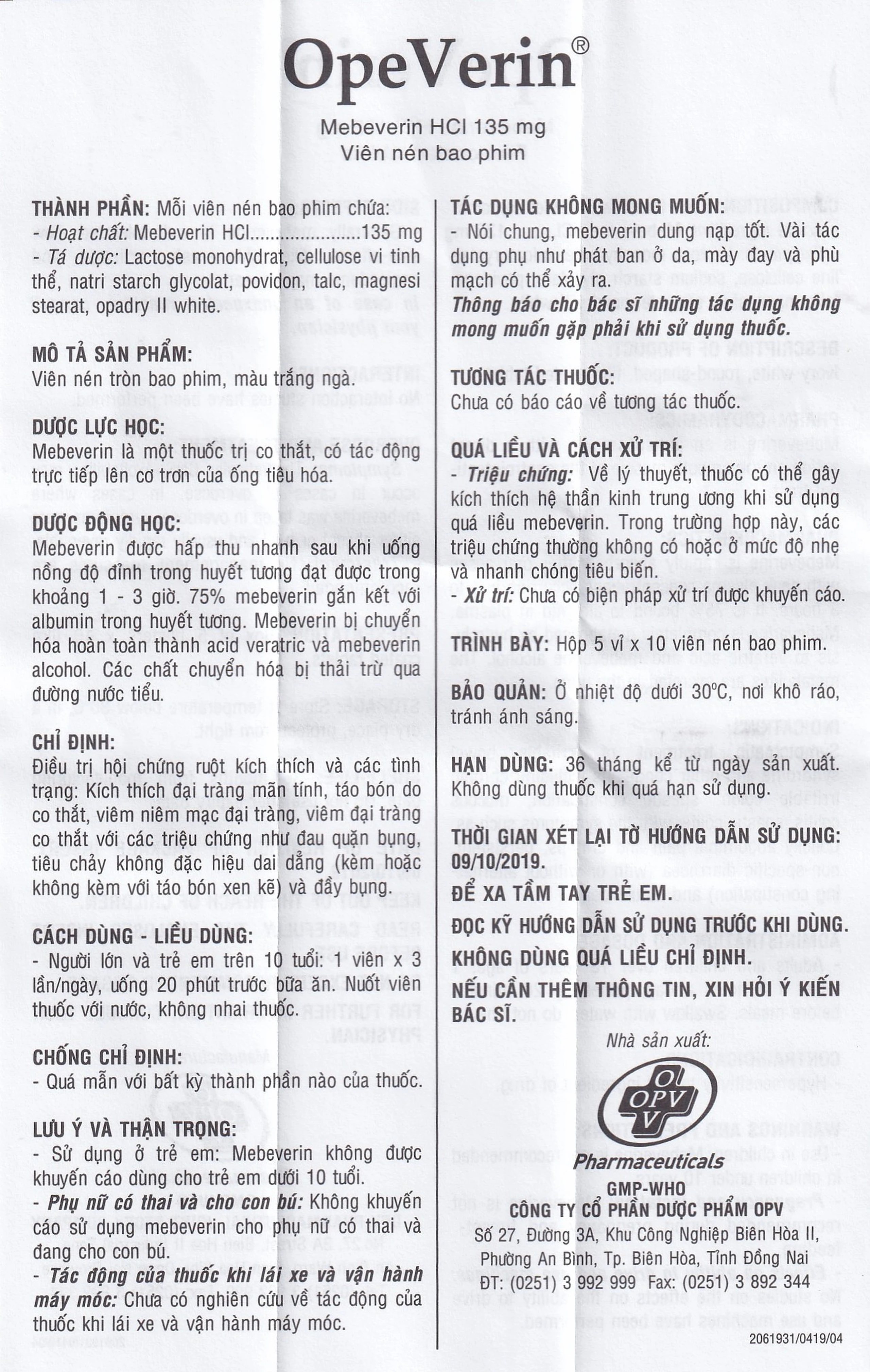 Thuốc OpeVerin 135mg OPV điều trị hội chứng ruột kích thích (5 vỉ x 10 viên)