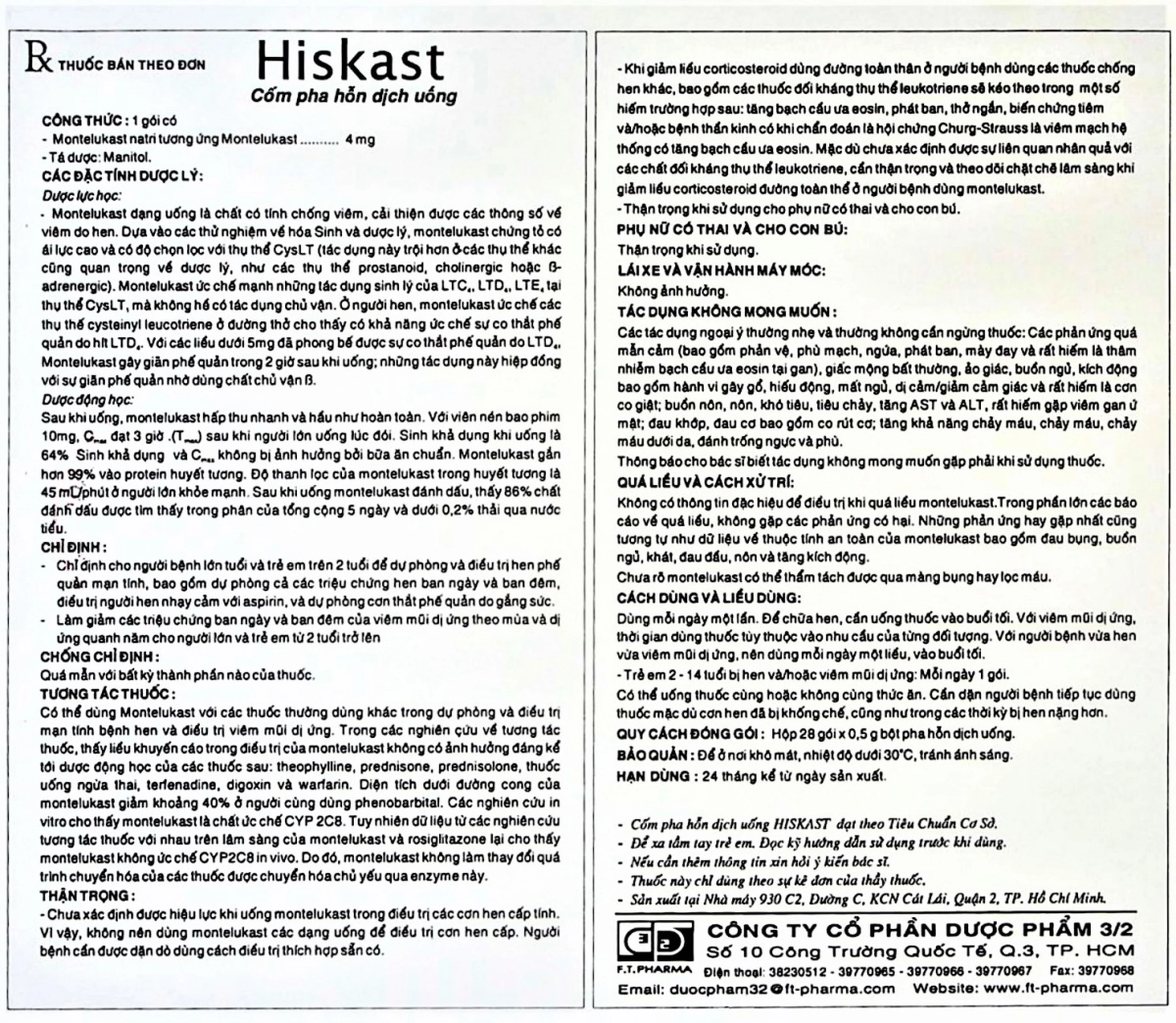 Cốm pha hỗn dịch uống Hiskast 4mg Dược 3-2 điều trị hen phế quản mạn tính (28 gói x 0.5g)