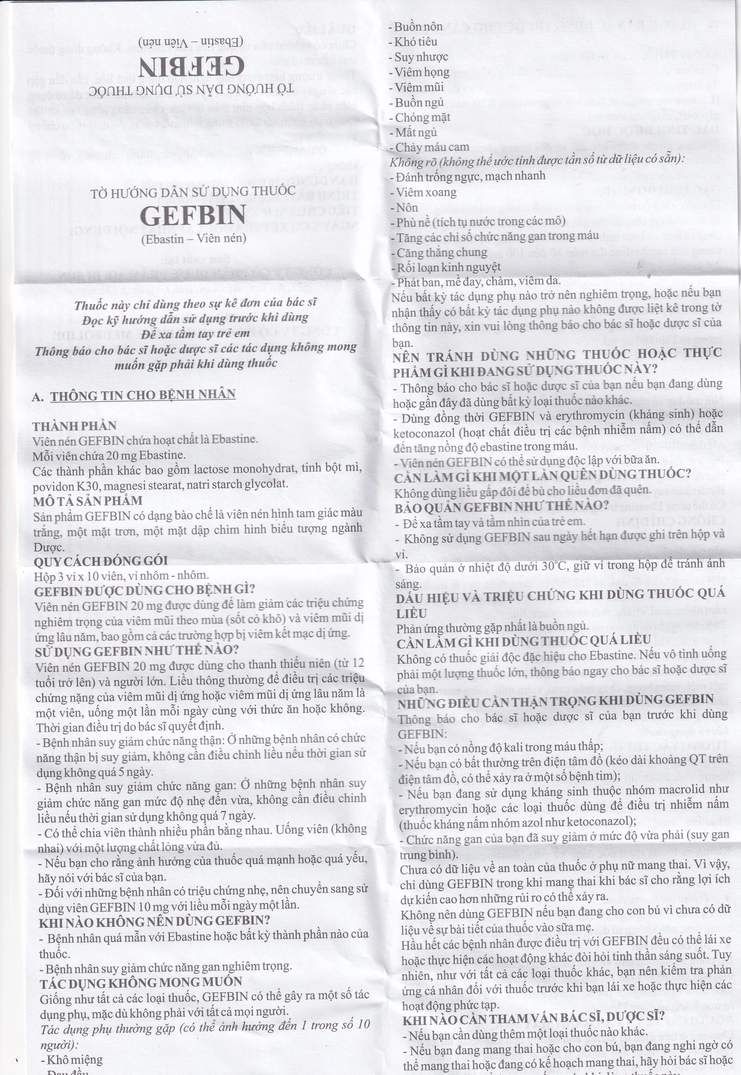 Thuốc Gefbin Medisun điều trị viêm mũi dị ứng, mề đay vô căn mạn tính (3 vỉ x 10 viên)