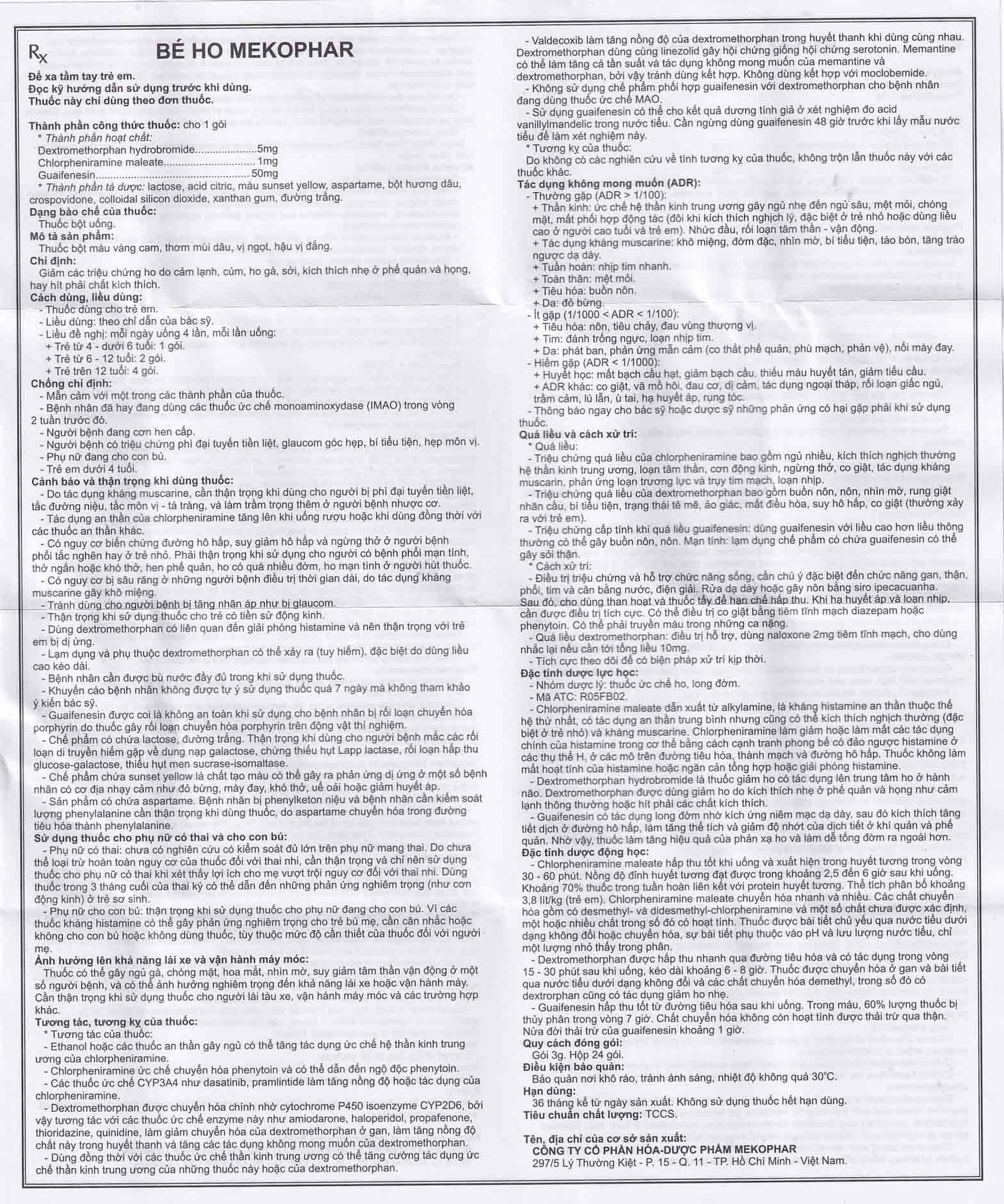 Thuốc Bé Ho Mekophar giảm ho do cảm lạnh, cúm (24 gói x 3g)