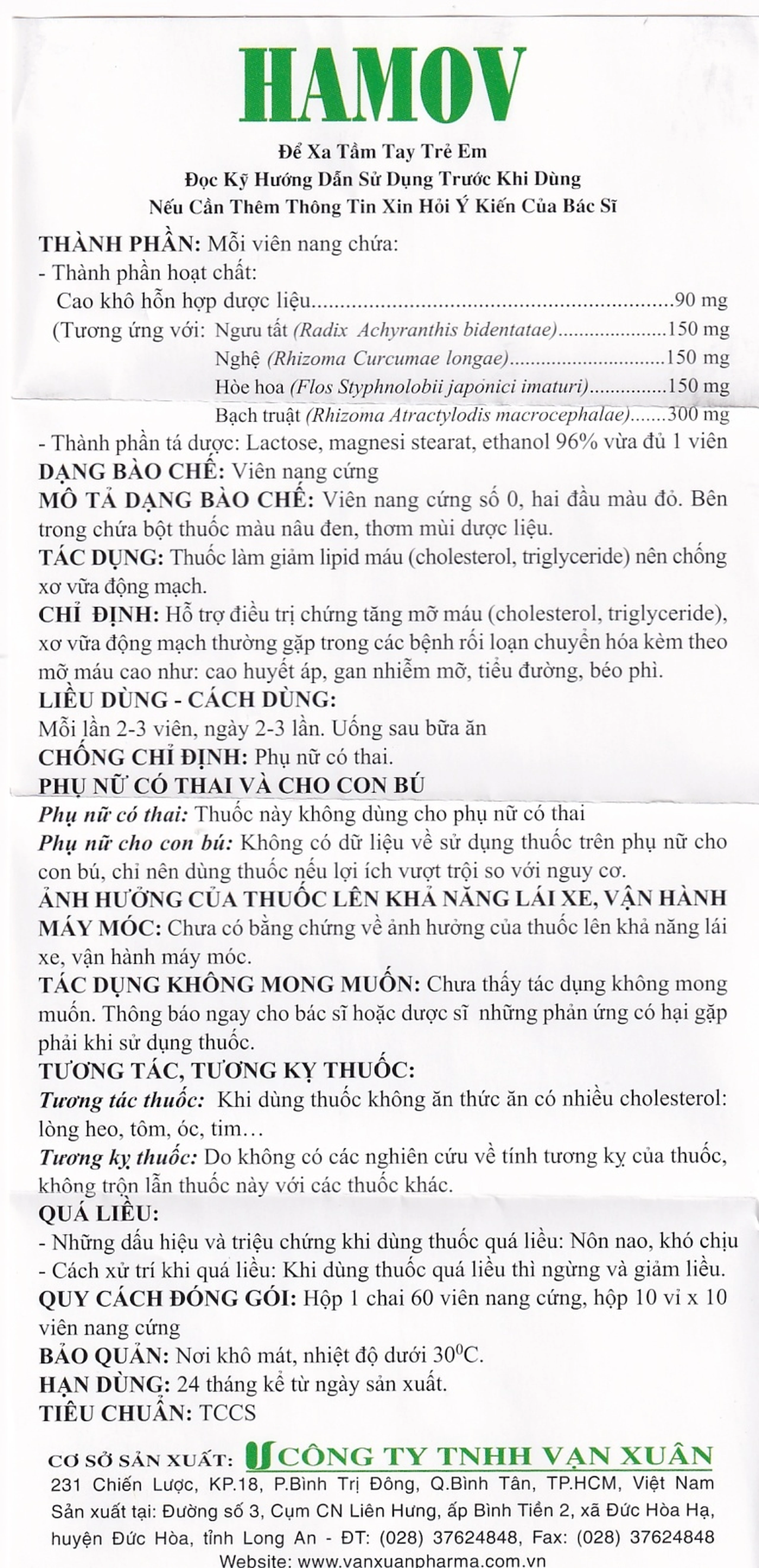 Thuốc Hamov Vạn Xuân hỗ trợ điều trị chứng tăng mỡ máu (10 vỉ x 10 viên)