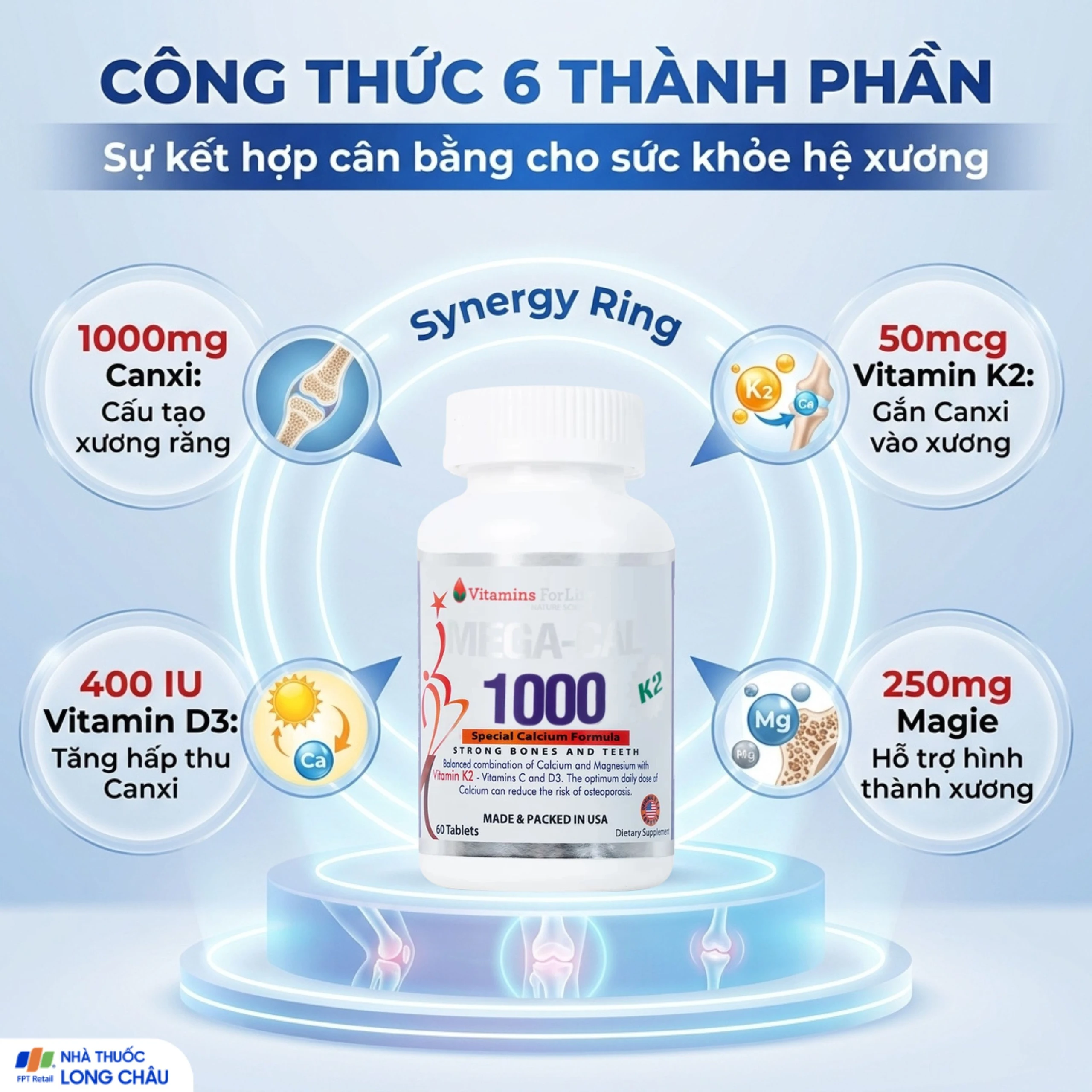 Viên uống bổ sung canxi, chống loãng xương Mega-Cal 1000 Vitamins For Life (60 viên) 3