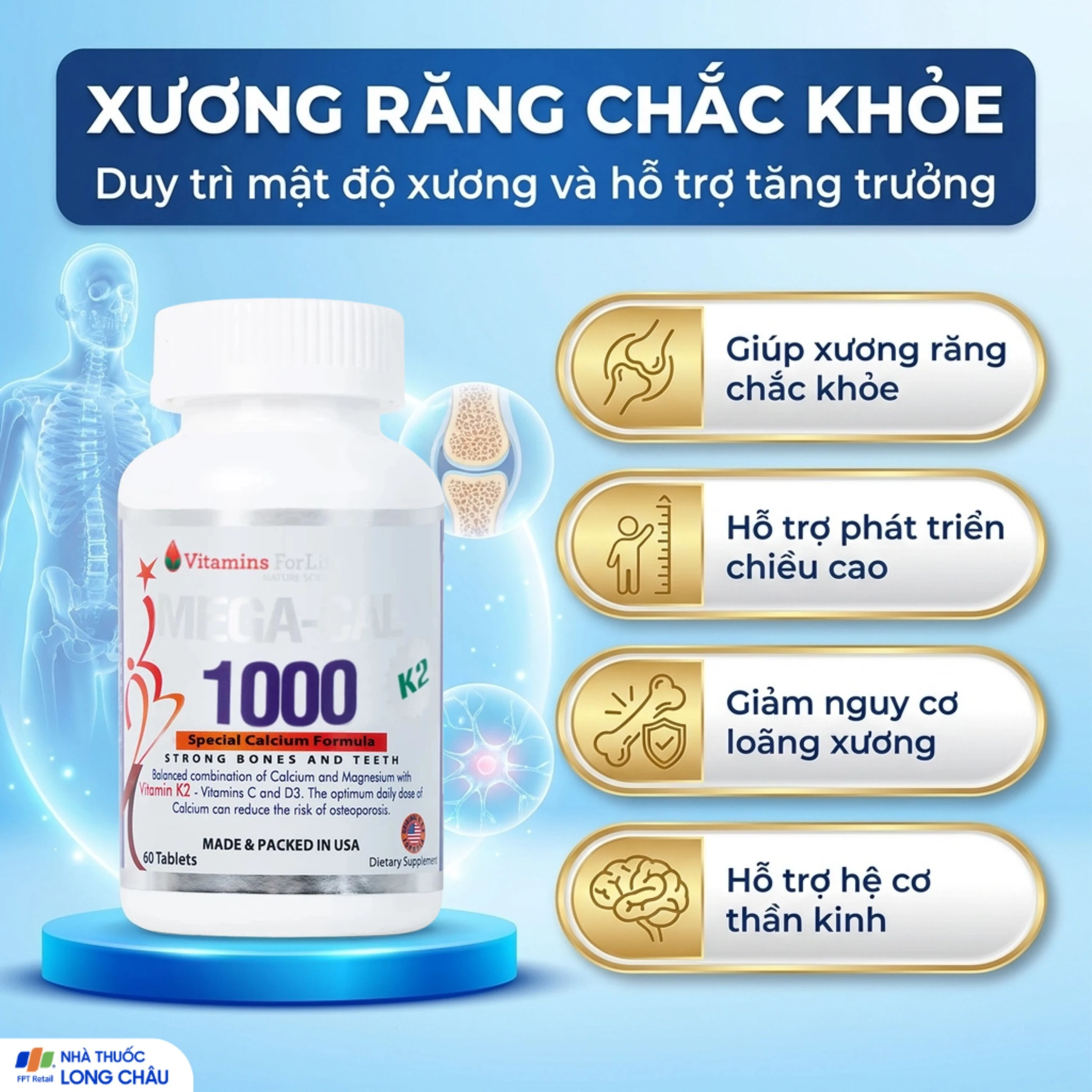 Viên uống bổ sung canxi, chống loãng xương Mega-Cal 1000 Vitamins For Life (60 viên) 4