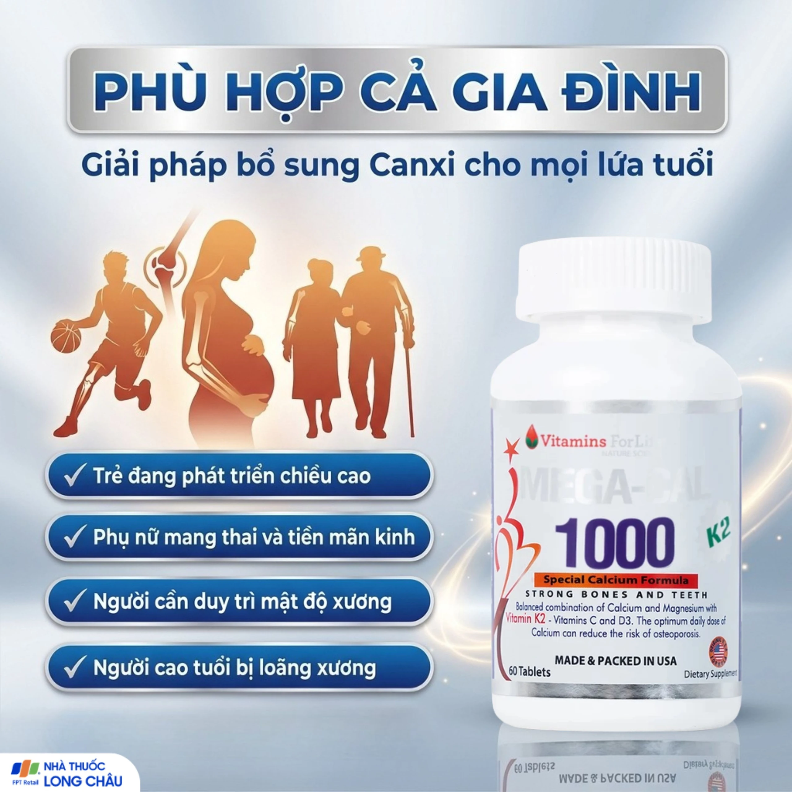 Viên uống bổ sung canxi, chống loãng xương Mega-Cal 1000 Vitamins For Life (60 viên) 5
