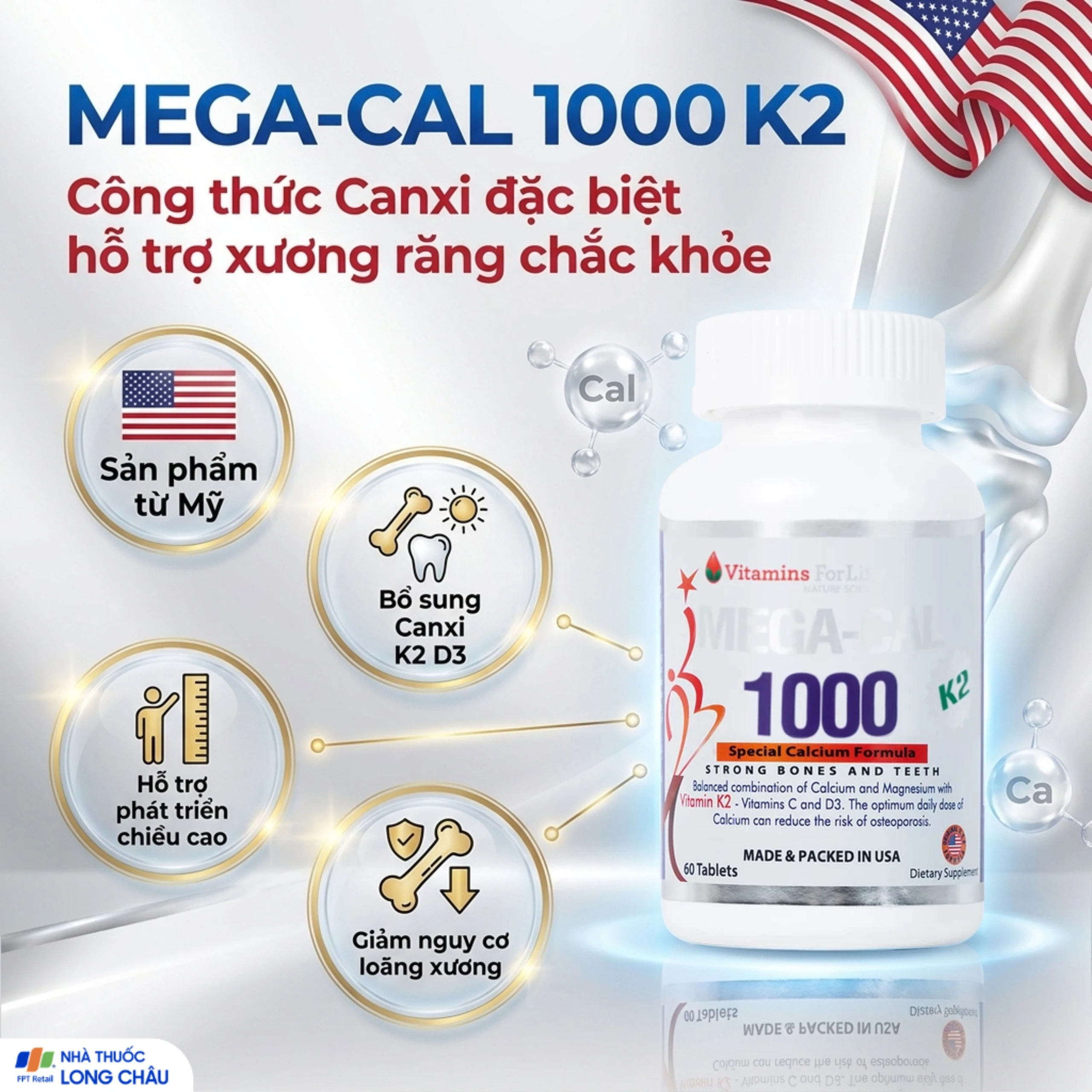 Viên uống bổ sung canxi, chống loãng xương Mega-Cal 1000 Vitamins For Life (60 viên) 2
