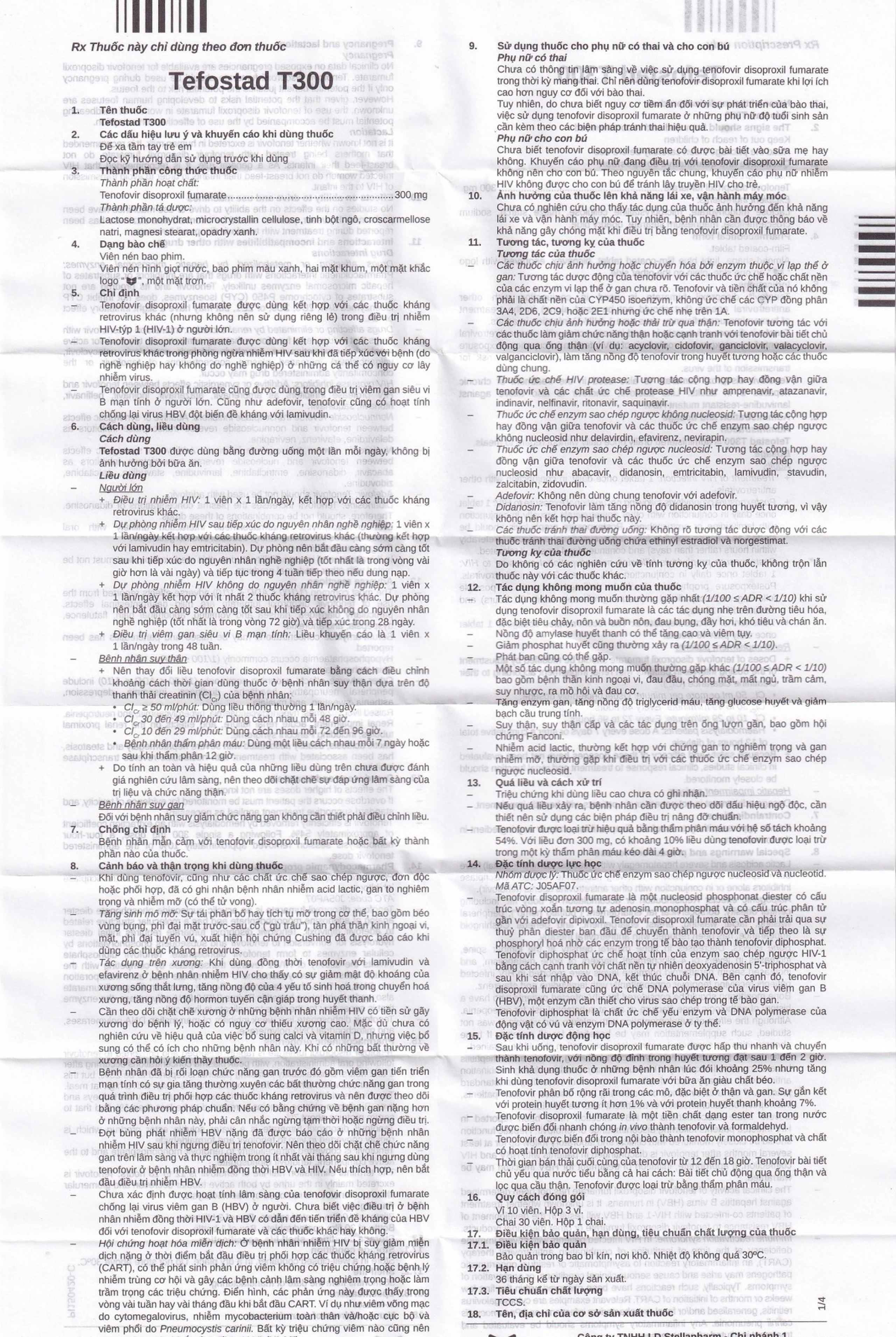 Thuốc Tefostad T300 Stella phòng và điều trị nhiễm HIV-1 (3 vỉ x 10 viên)