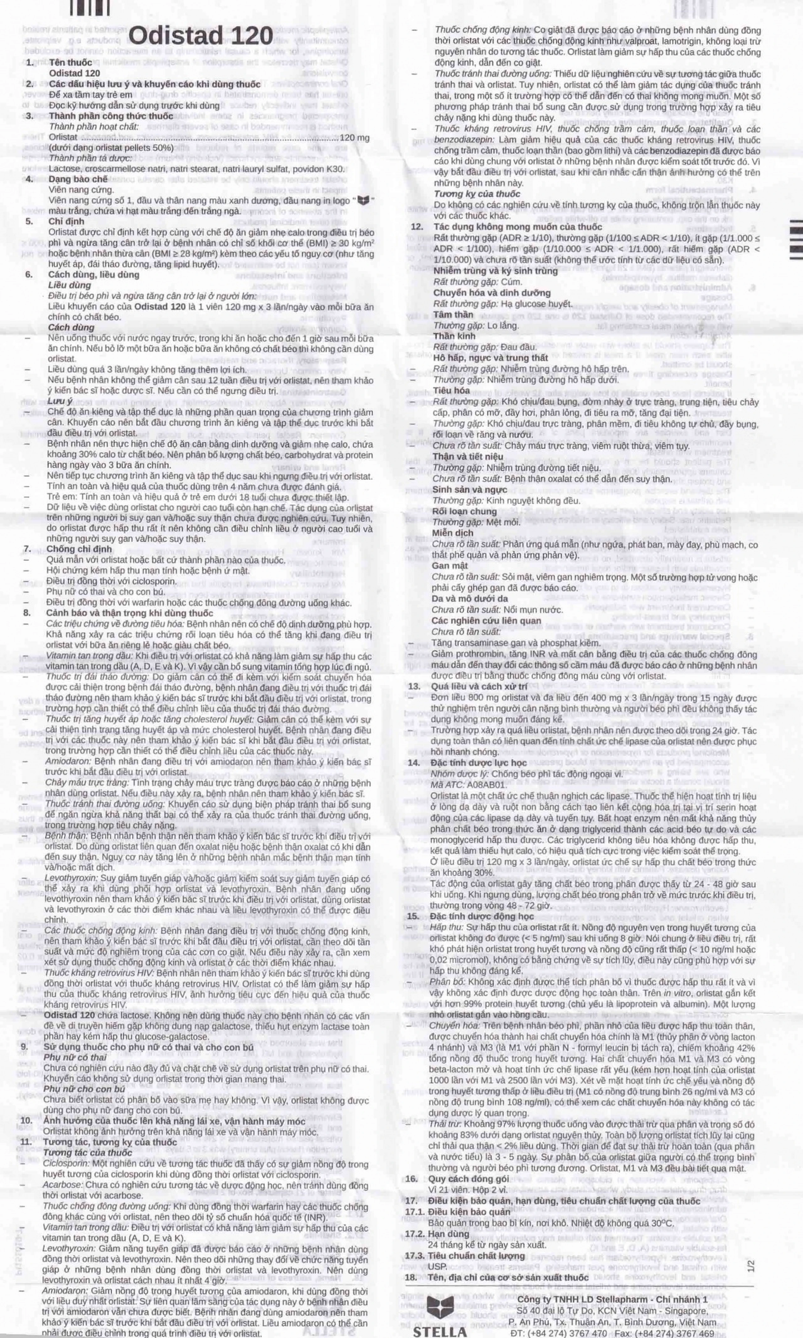Thuốc Odistad 120 Stella điều trị béo phì và phòng ngừa tăng cân trở lại ở người lớn (2 vỉ x 21 viên)