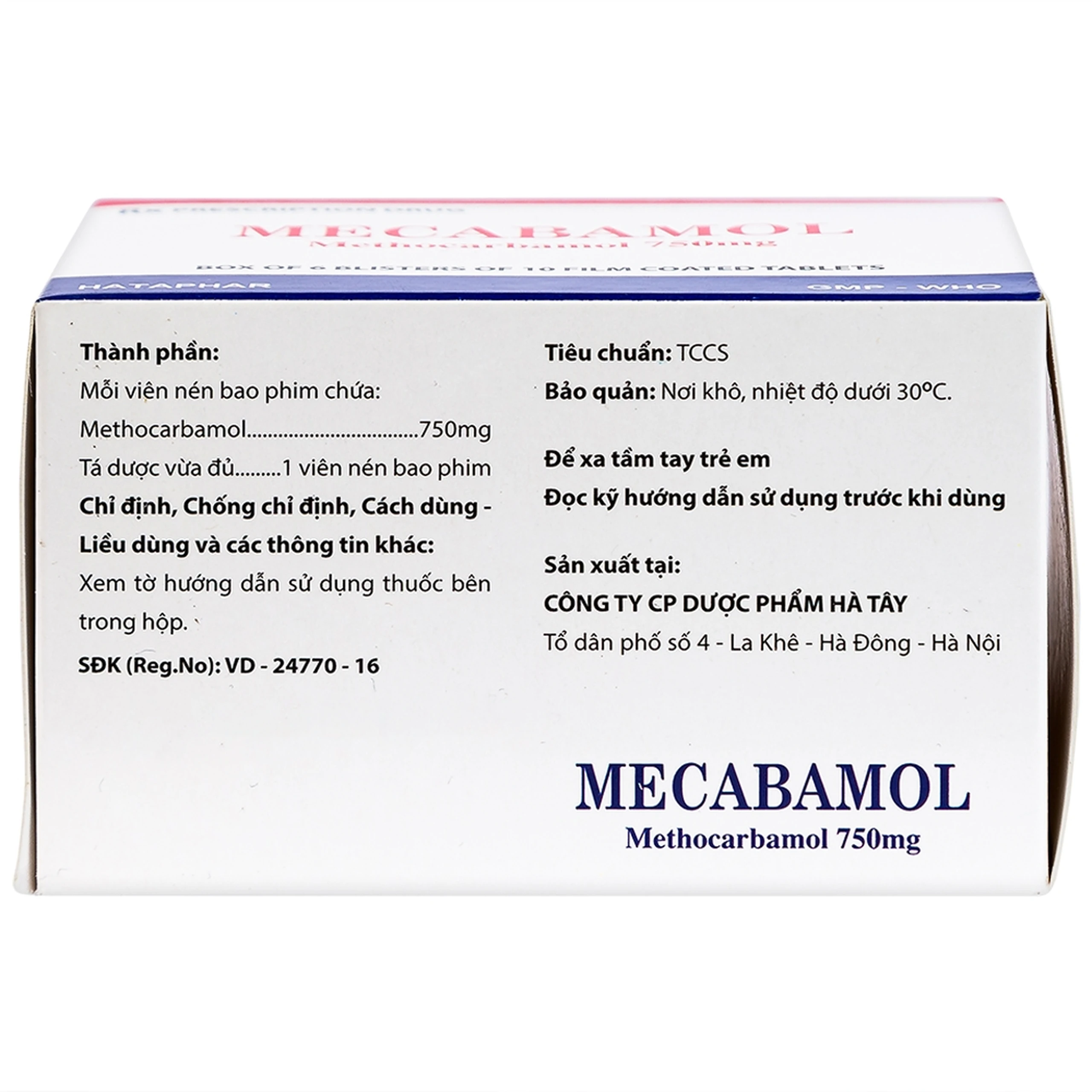 Viên nén Mecabamol 750mg Hà Tây điều trị các bệnh lý cơ xương cấp tính (6 vỉ x 10 viên)