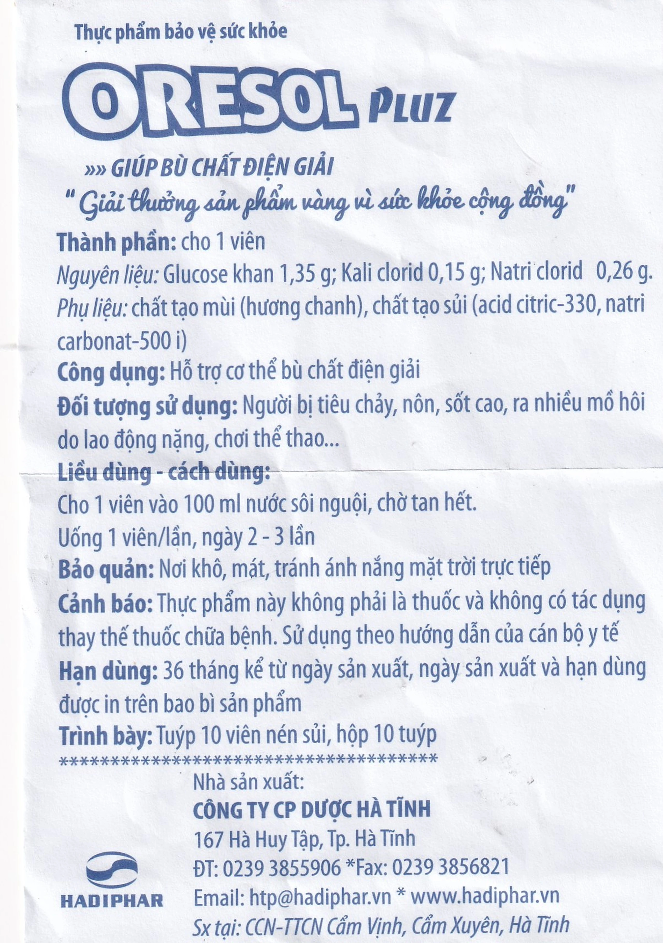 Viên sủi giúp bù chất điện giải Oresol Pluz Hadiphar (10 viên)