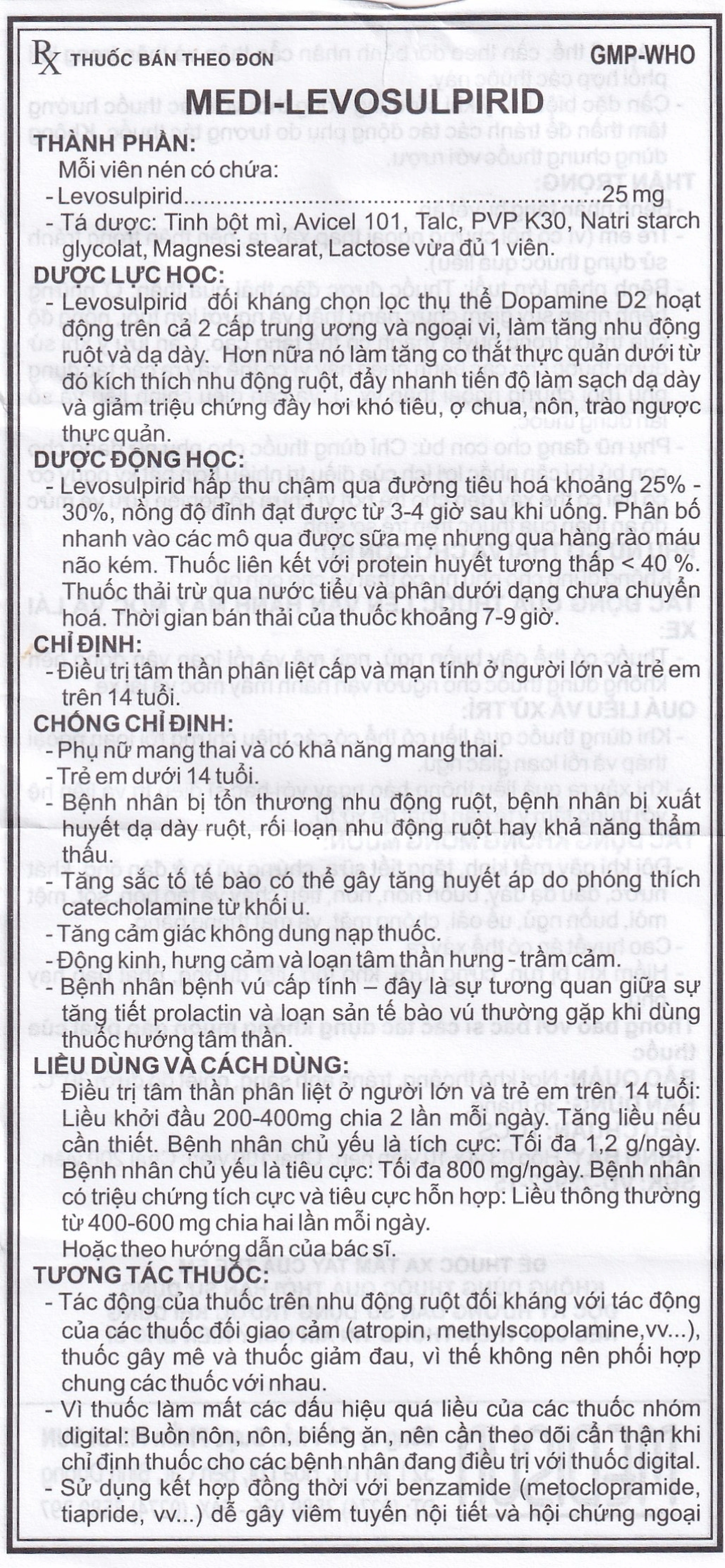 Viên nén Medi-Levosulpirid 25mg Medisun điều trị tâm thần phân liệt cấp và mạn tính (3 vỉ x 10 viên)