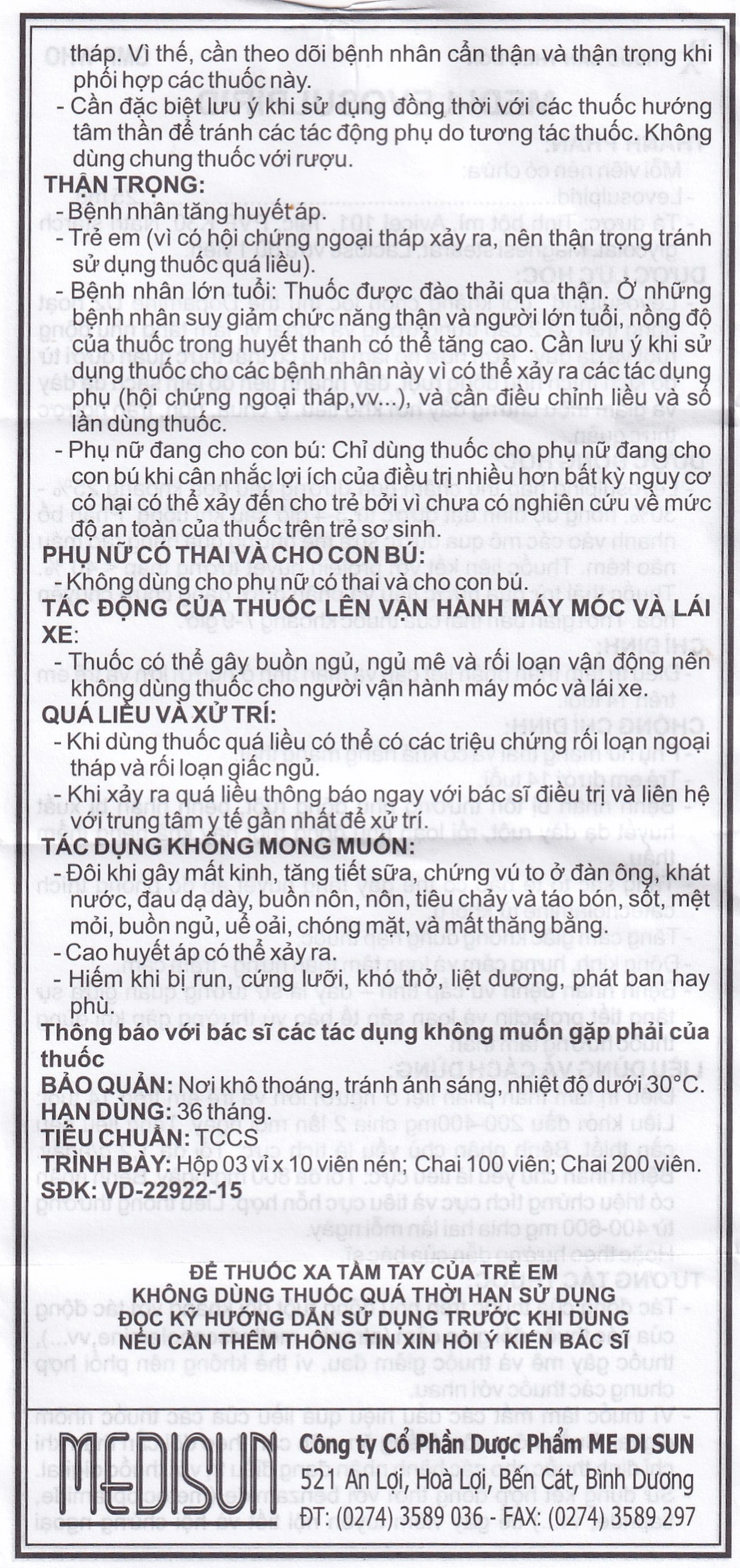 Viên nén Medi-Levosulpirid 25mg Medisun điều trị tâm thần phân liệt cấp và mạn tính (3 vỉ x 10 viên)