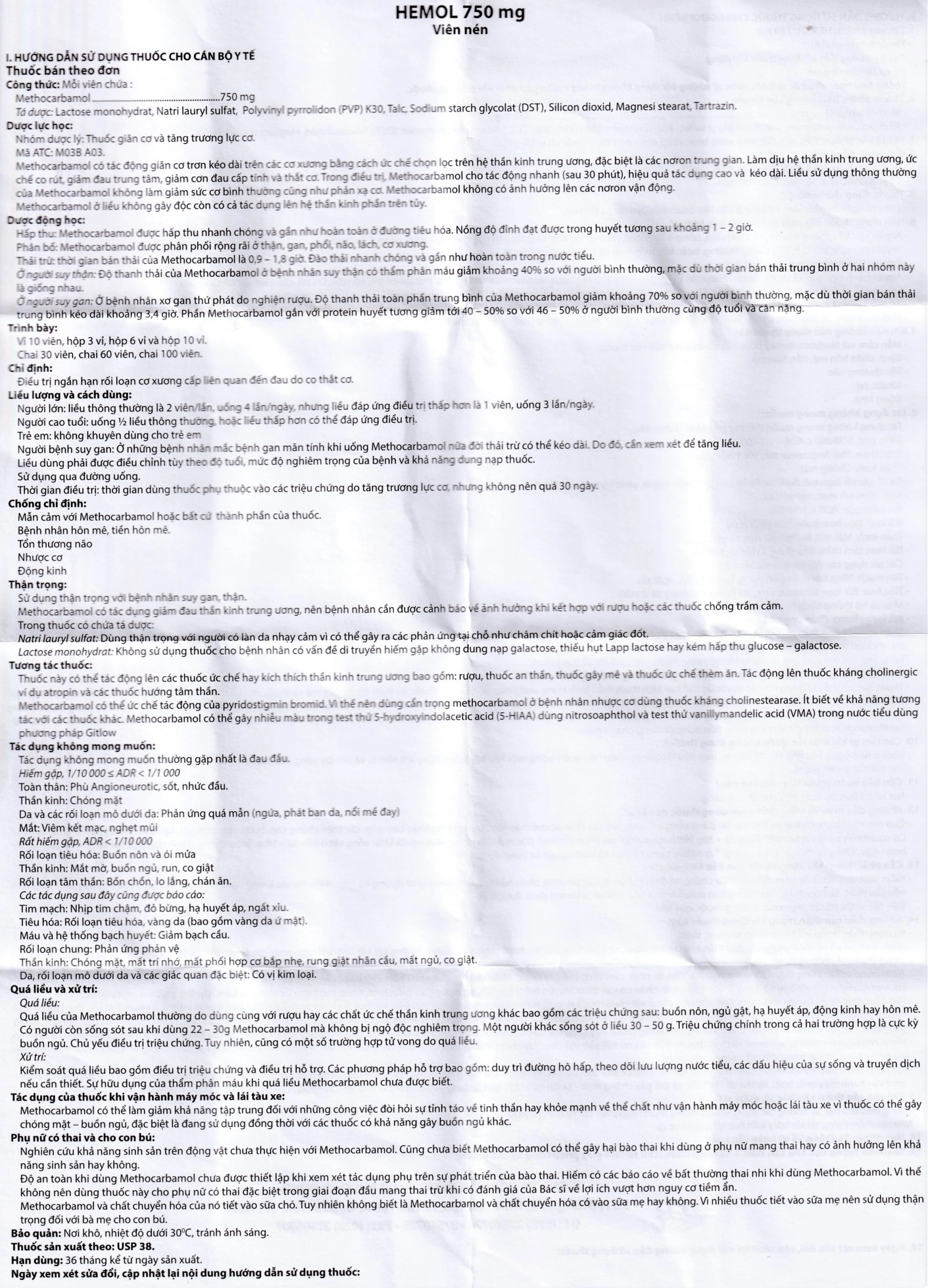 Thuốc Hemol 750mg Phương Đông điều trị ngắn hạn rối loạn cơ xương cấp (10 vỉ x 10 viên)