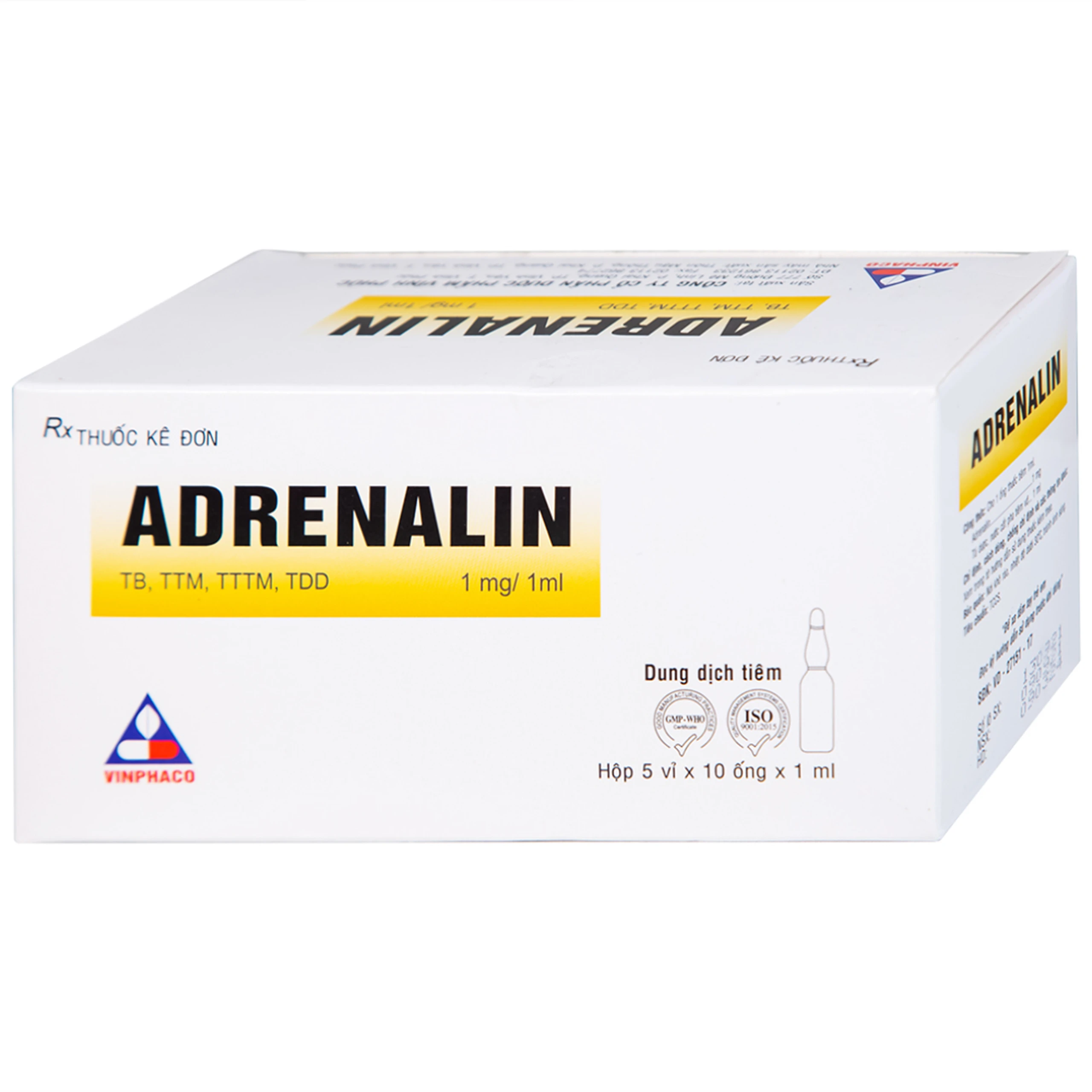 Dung dịch tiêm Adrenalin 1mg/1ml hồi sức tim phổi, cấp cứu choáng phản vệ (5 vỉ x 10 ống)