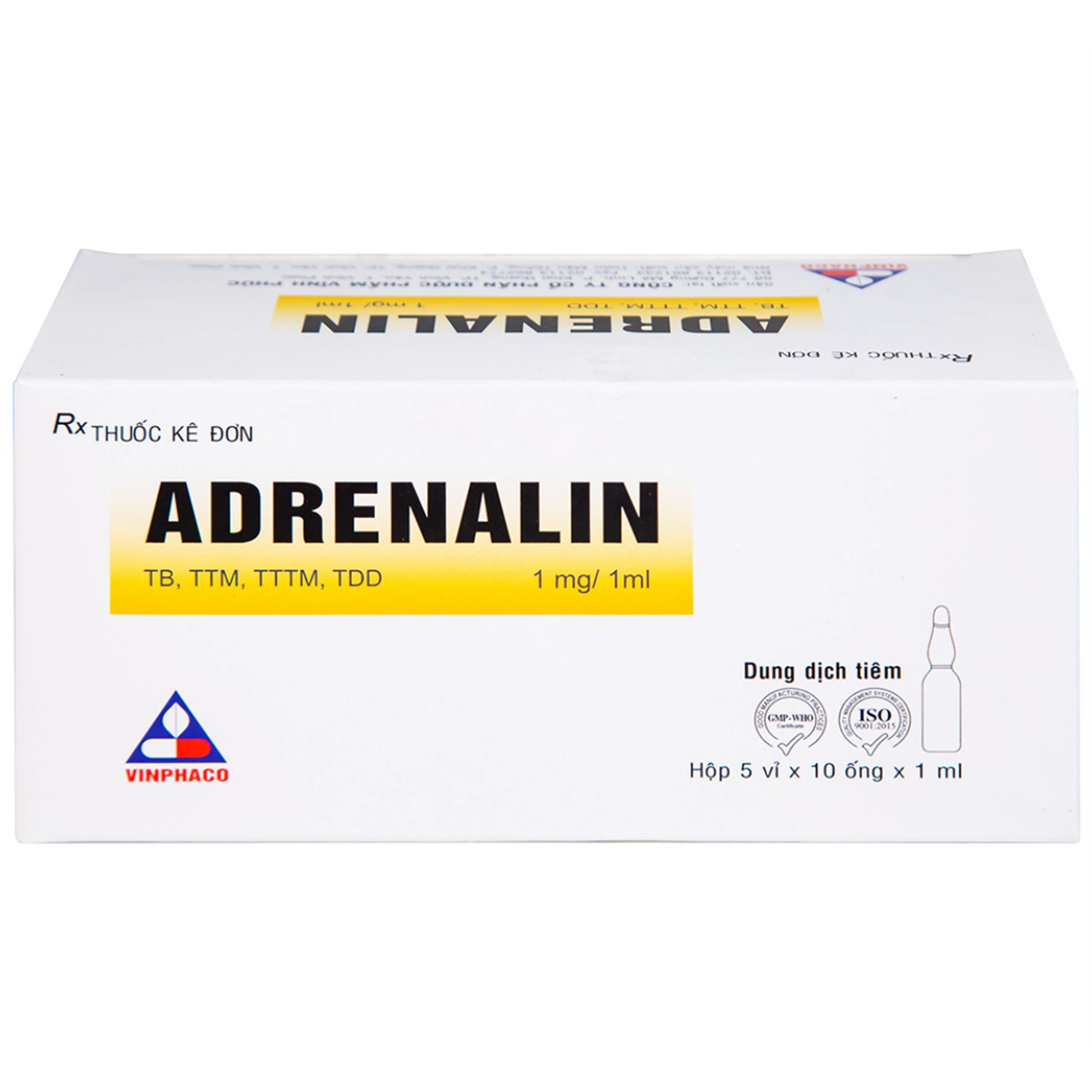 Dung dịch tiêm Adrenalin 1mg/1ml hồi sức tim phổi, cấp cứu choáng phản vệ (5 vỉ x 10 ống)