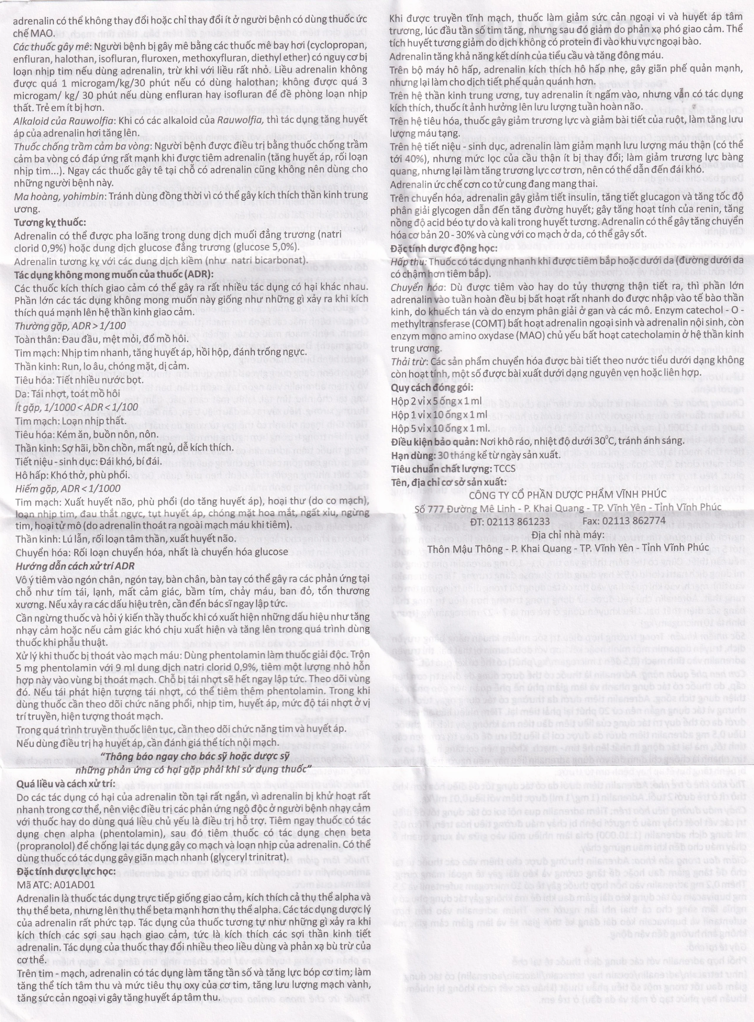 Dung dịch tiêm Adrenalin 1mg/1ml hồi sức tim phổi, cấp cứu choáng phản vệ (5 vỉ x 10 ống)