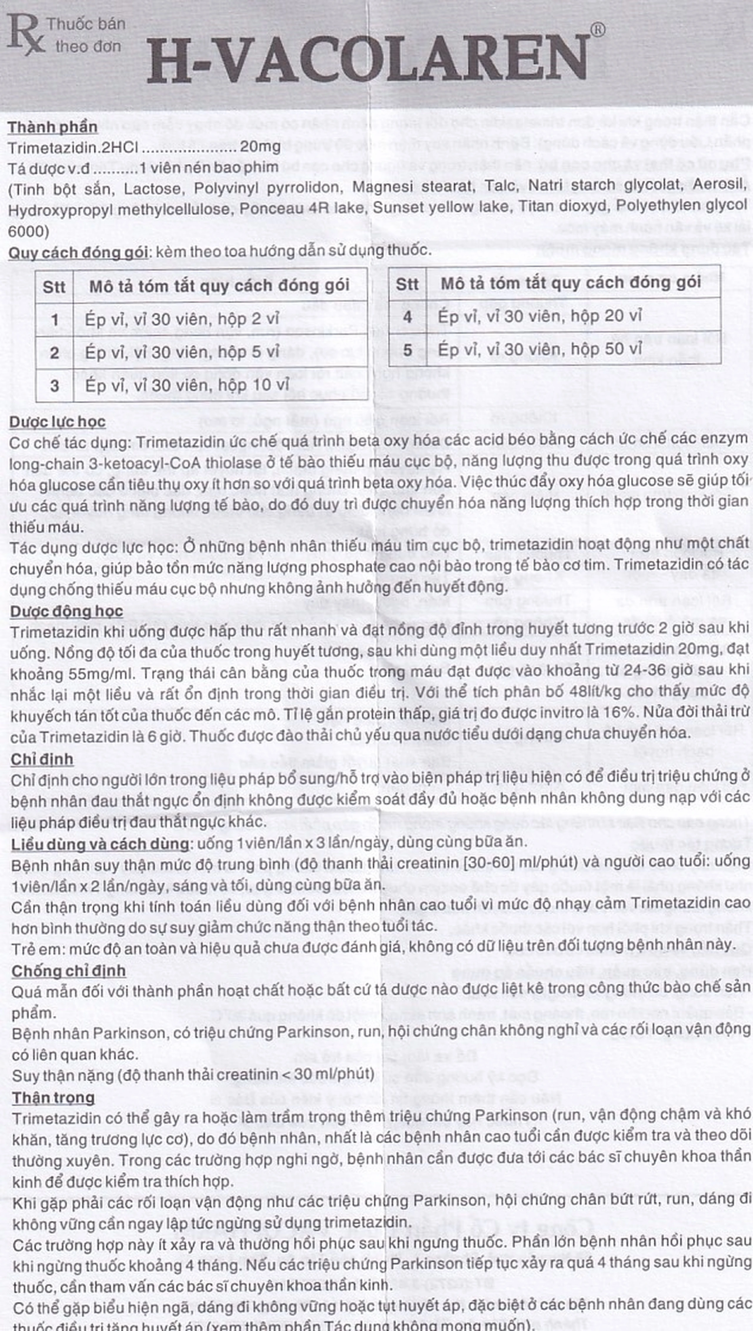 Thuốc H-Vacolaren 20mg Vacopharm điều trị đau thắt ngực (2 vỉ x 30 viên)