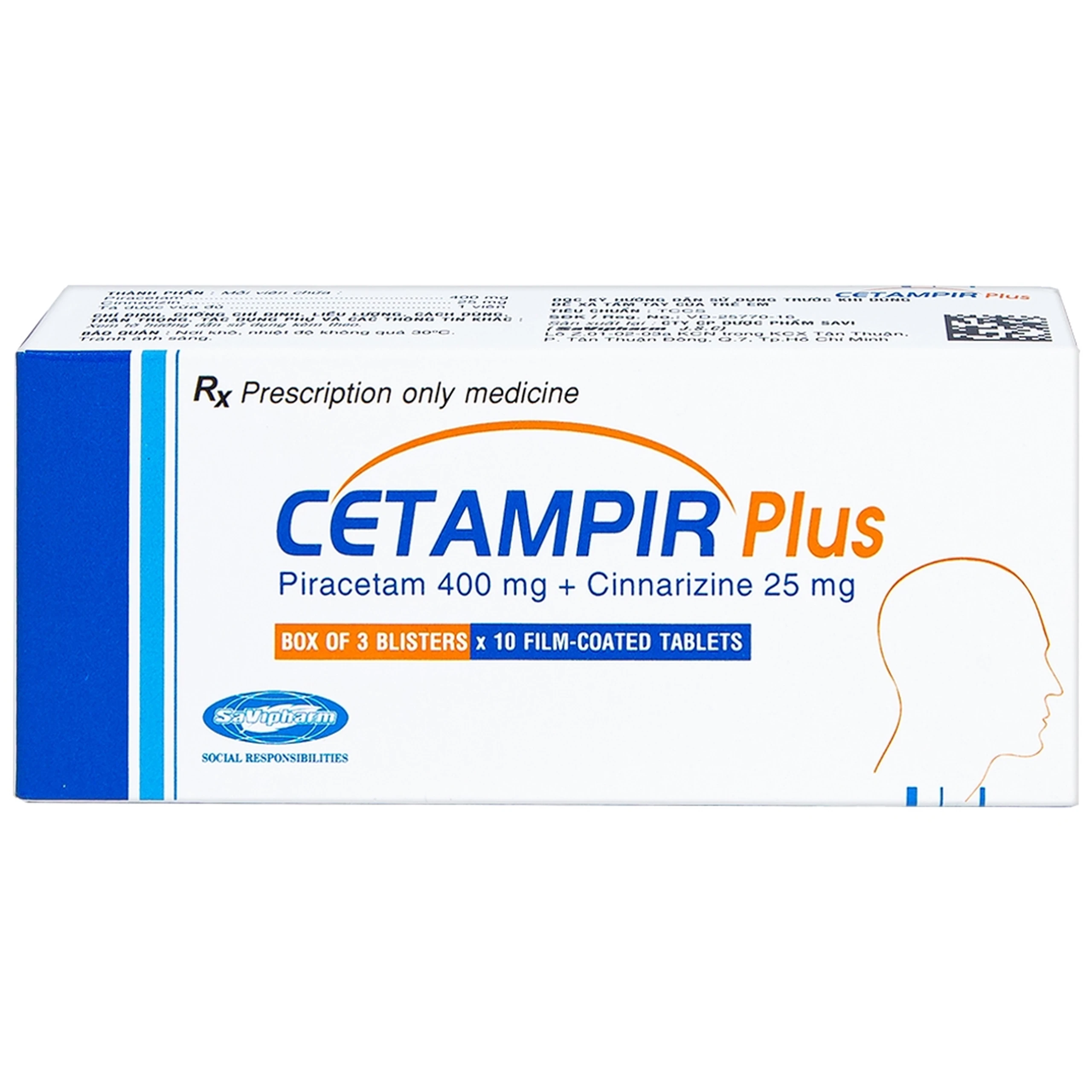 Thuốc Cetampir Plus 400mg/25mg SaVipharm điều trị rối loạn thiểu năng vỏ não, động kinh, giảm trí nhớ (3 vỉ x 10 viên)