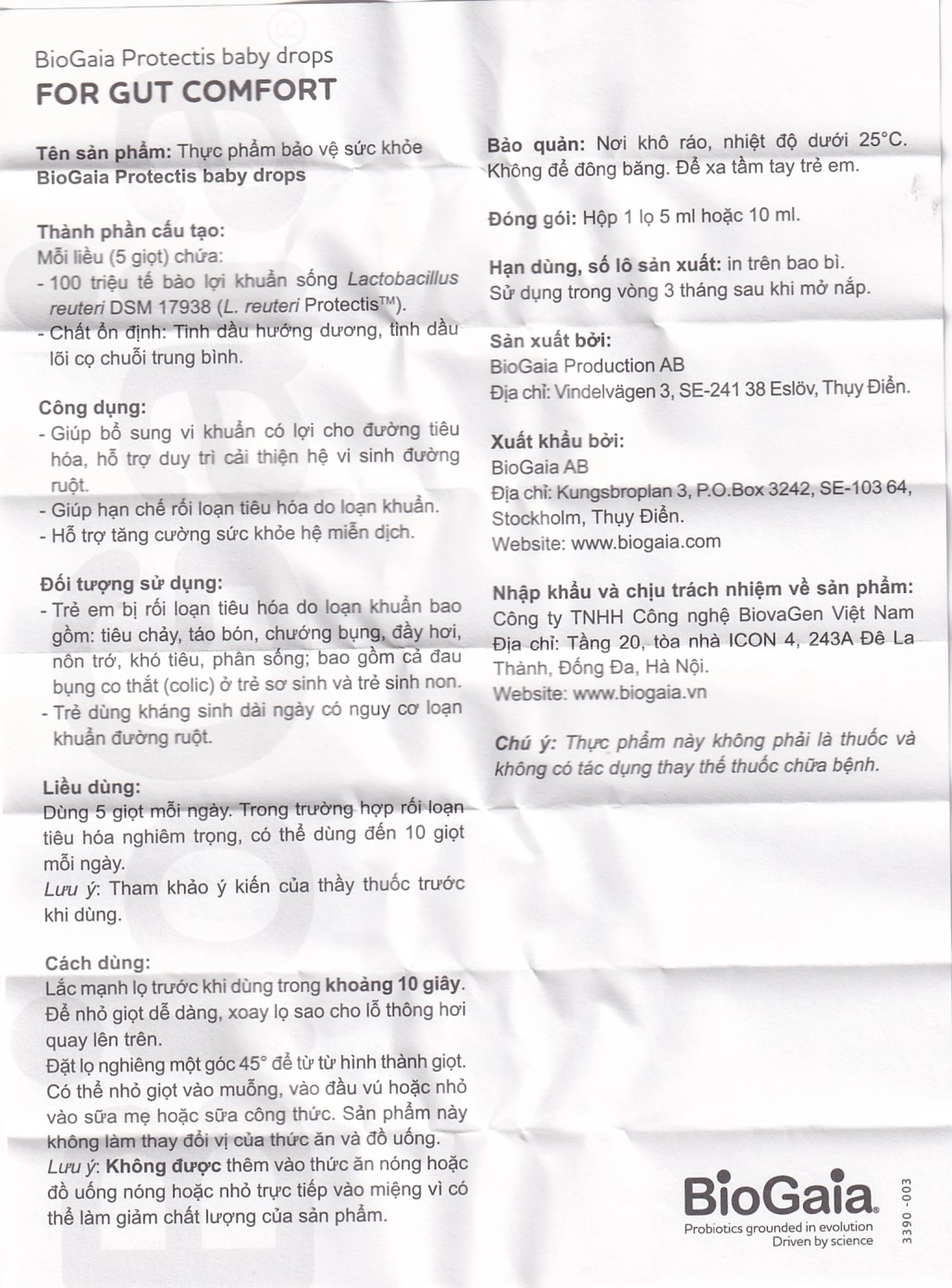 Bổ sung lợi khuẩn cho đường tiêu hóa BioGaia Protectis Baby Drops (5ml)