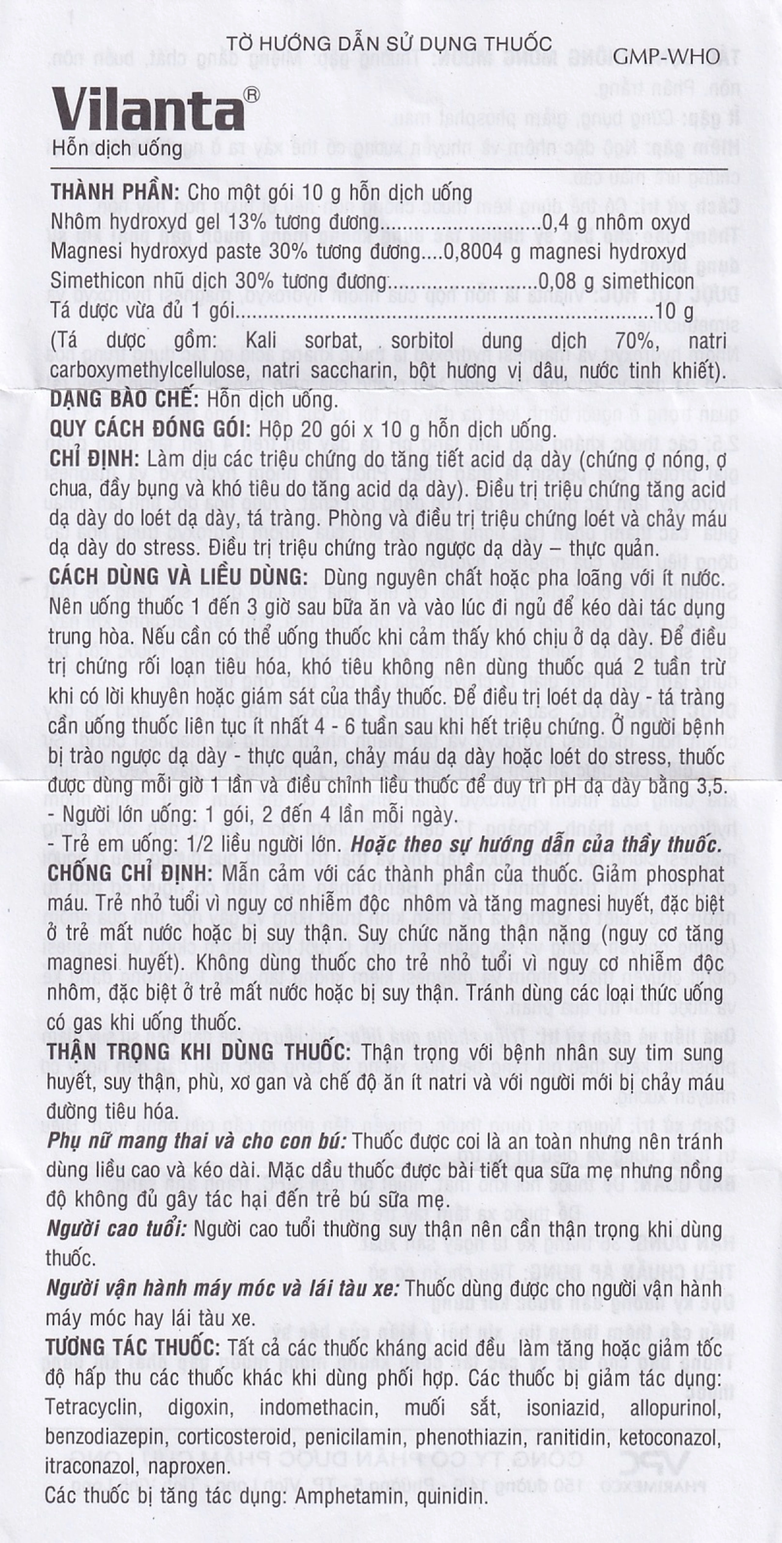 Thuốc Vilanta Pharimexco dịu triệu chứng ợ nóng, ợ chua (20 gói x 10g)
