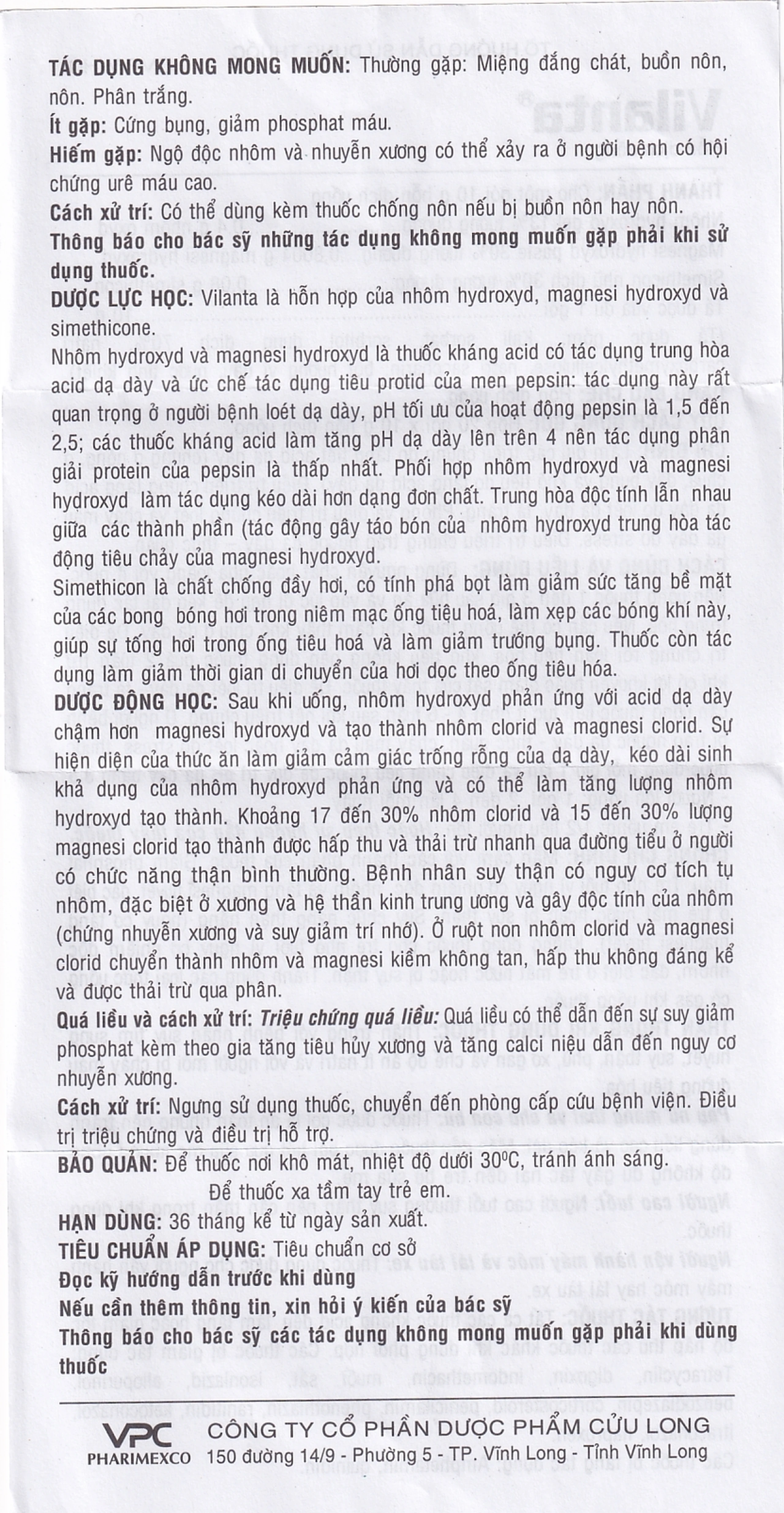 Thuốc Vilanta Pharimexco dịu triệu chứng ợ nóng, ợ chua (20 gói x 10g)