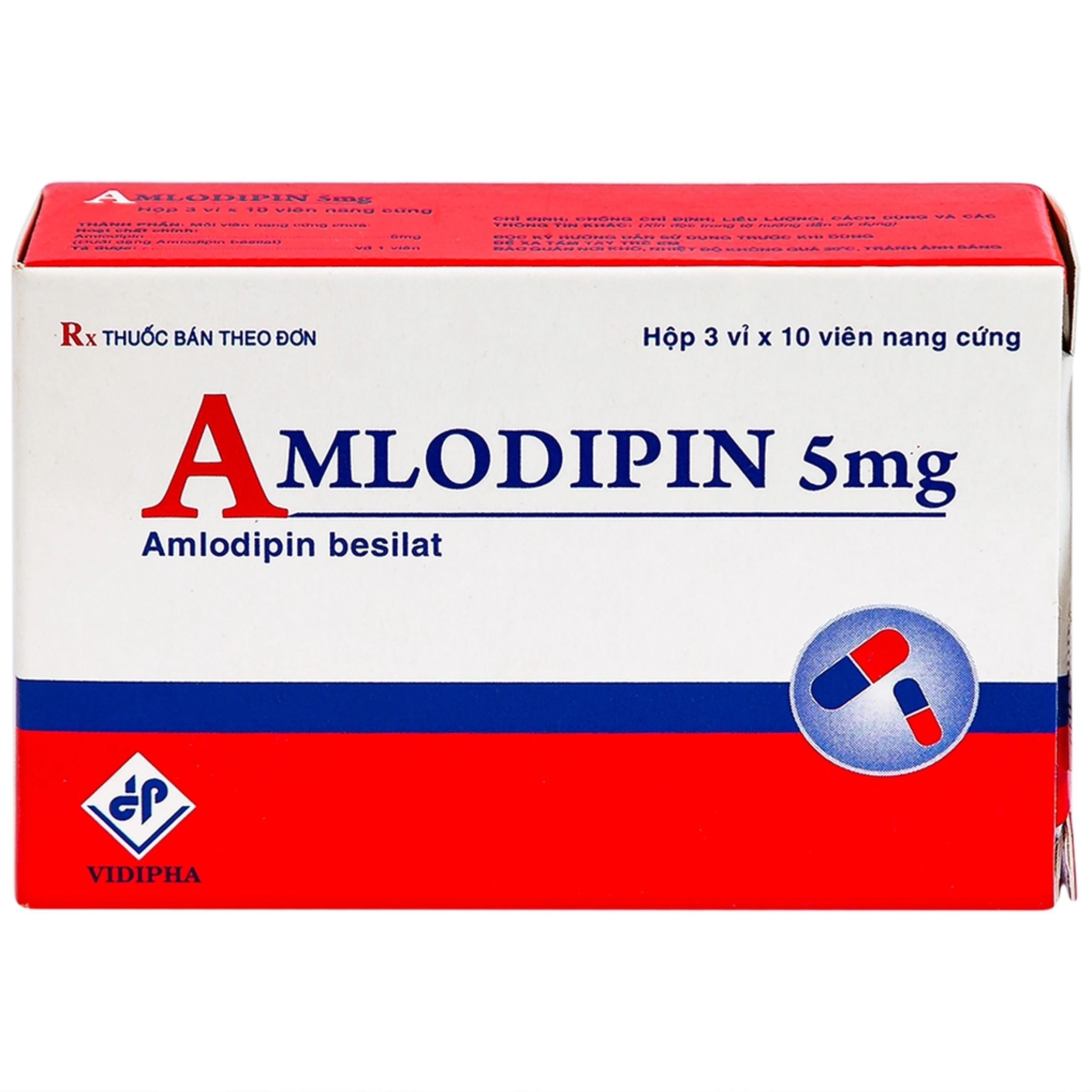 Thuốc Amlodipin 5mg Vidipha điều trị tăng huyết áp, đau thắt ngực (3 vỉ x 10 viên)