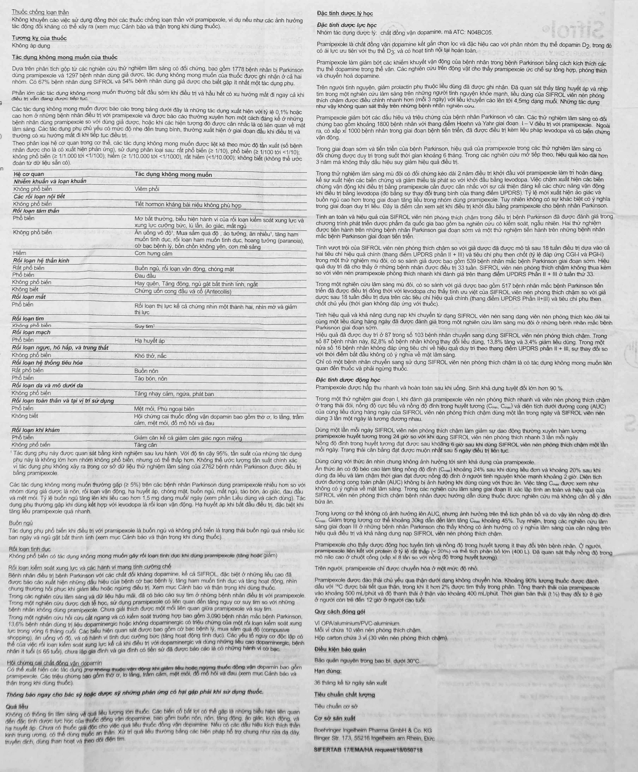 Thuốc Sifrol 0.375mg Boehringer điều trị bệnh parkinson (3 vỉ x 10 viên)
