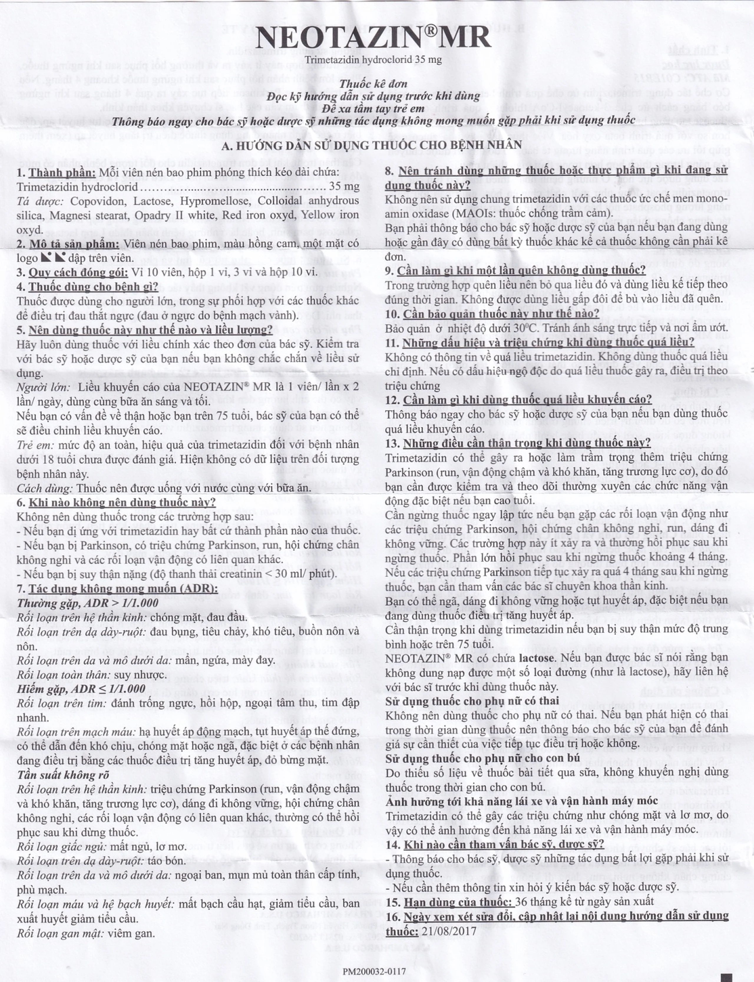 Thuốc Neotazin MR 35mg Ampharco trị đau thắt ngực (10 vỉ x 10 viên)