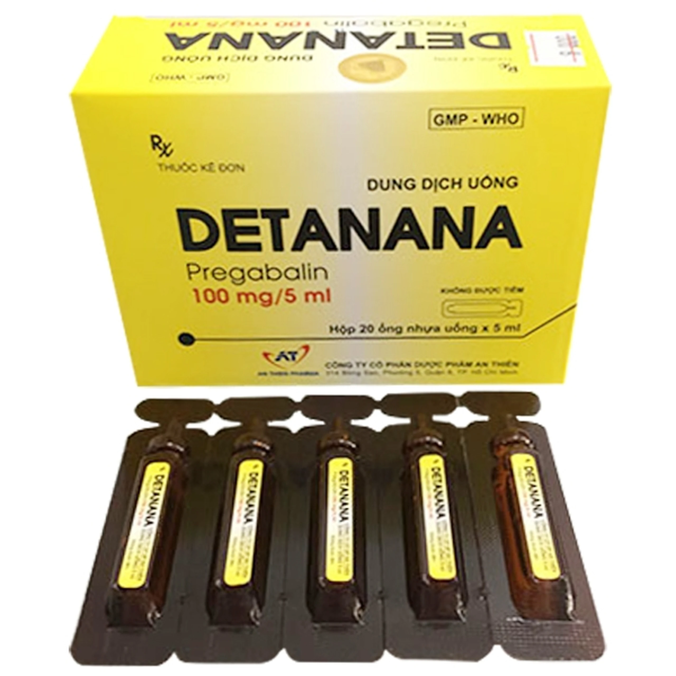 Dung dịch uống Detanana 100mg/5ml An Thiên điều trị động kinh cục bộ, rối loạn lo âu lan toả (20 ống x 5ml)