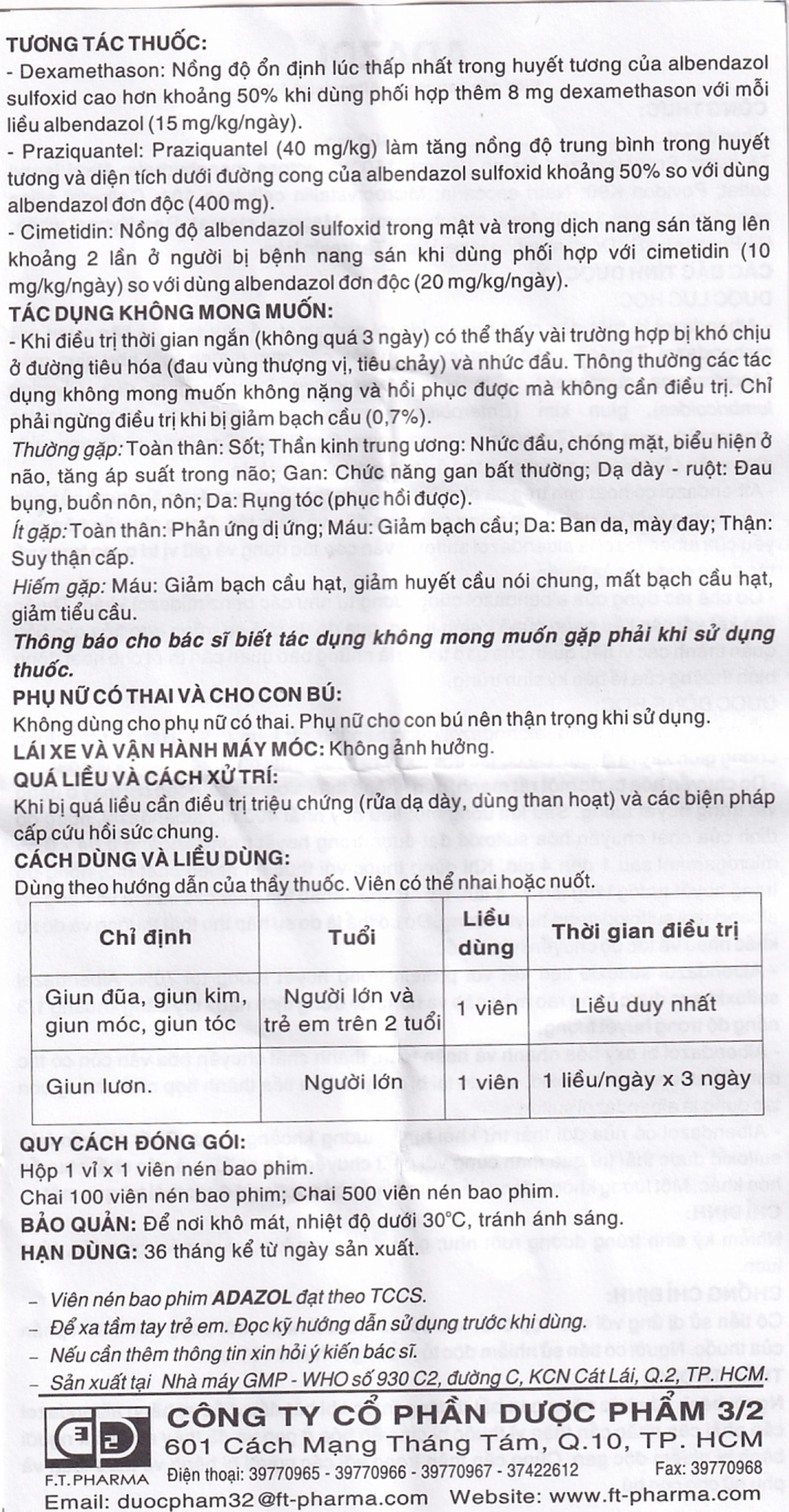 Thuốc Adazol 400mg Dược 3-2 điều trị nhiễm ký sinh trùng đường ruột (1 vỉ x 1 viên)