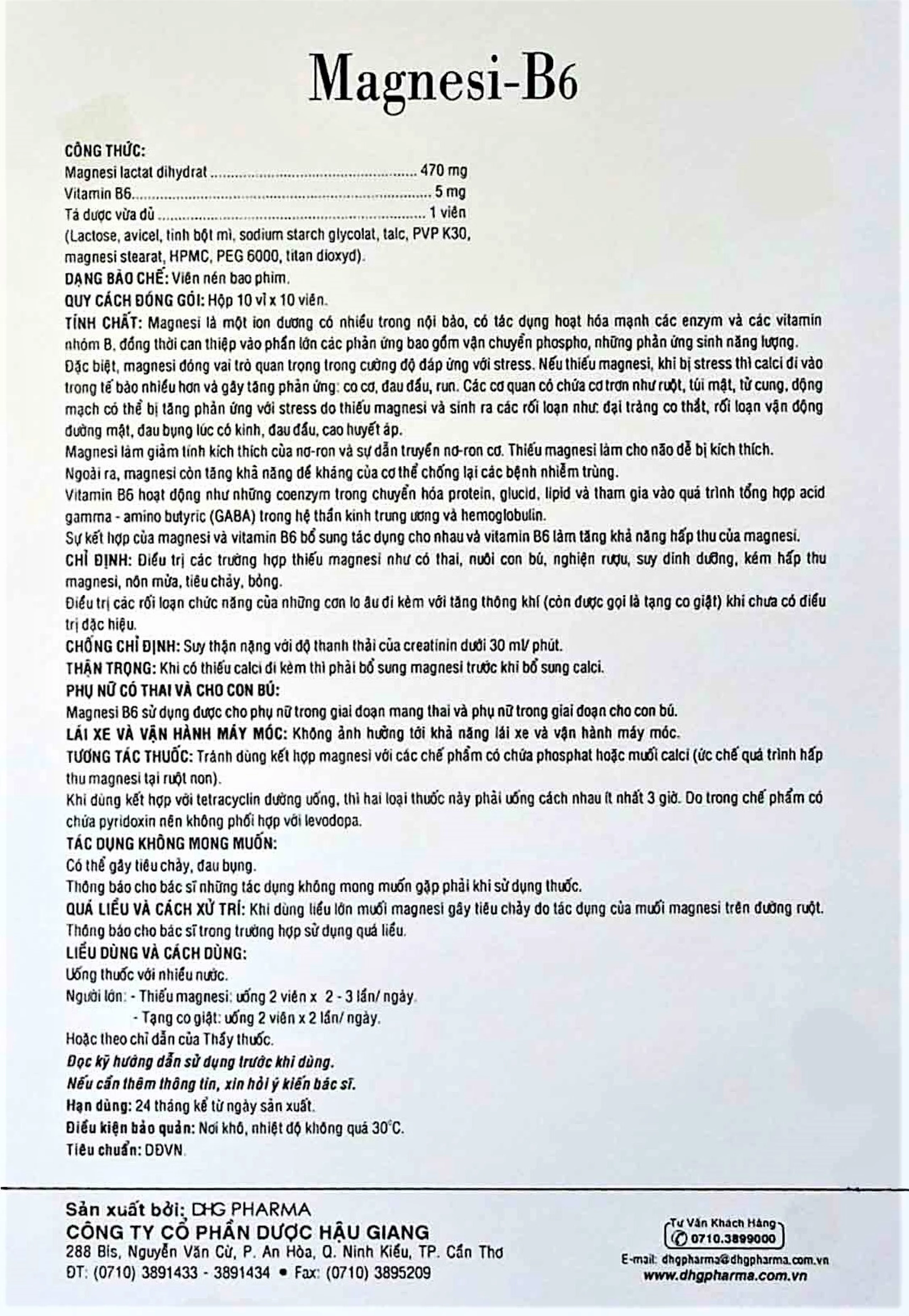 Viên nén Magnesi-B6 DHG Pharma giảm các triệu chứng thiếu hụt magnesi, nôn mửa, khó chịu (10 vỉ x 10 viên)