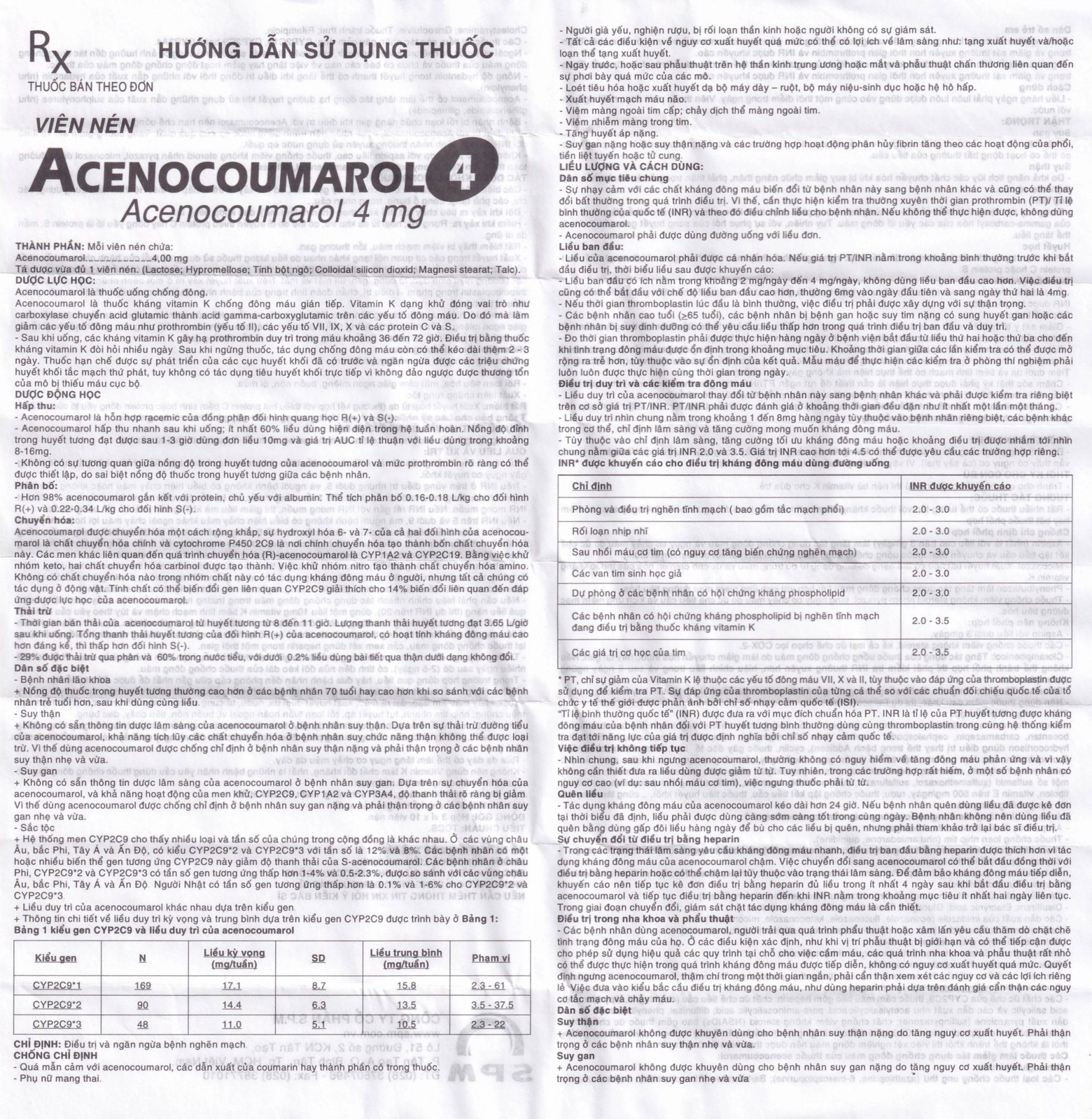 Thuốc Acenocoumarol 4 SPM điều trị và ngăn ngừa bệnh nghẽn mạch (3 vỉ x 10 viên)