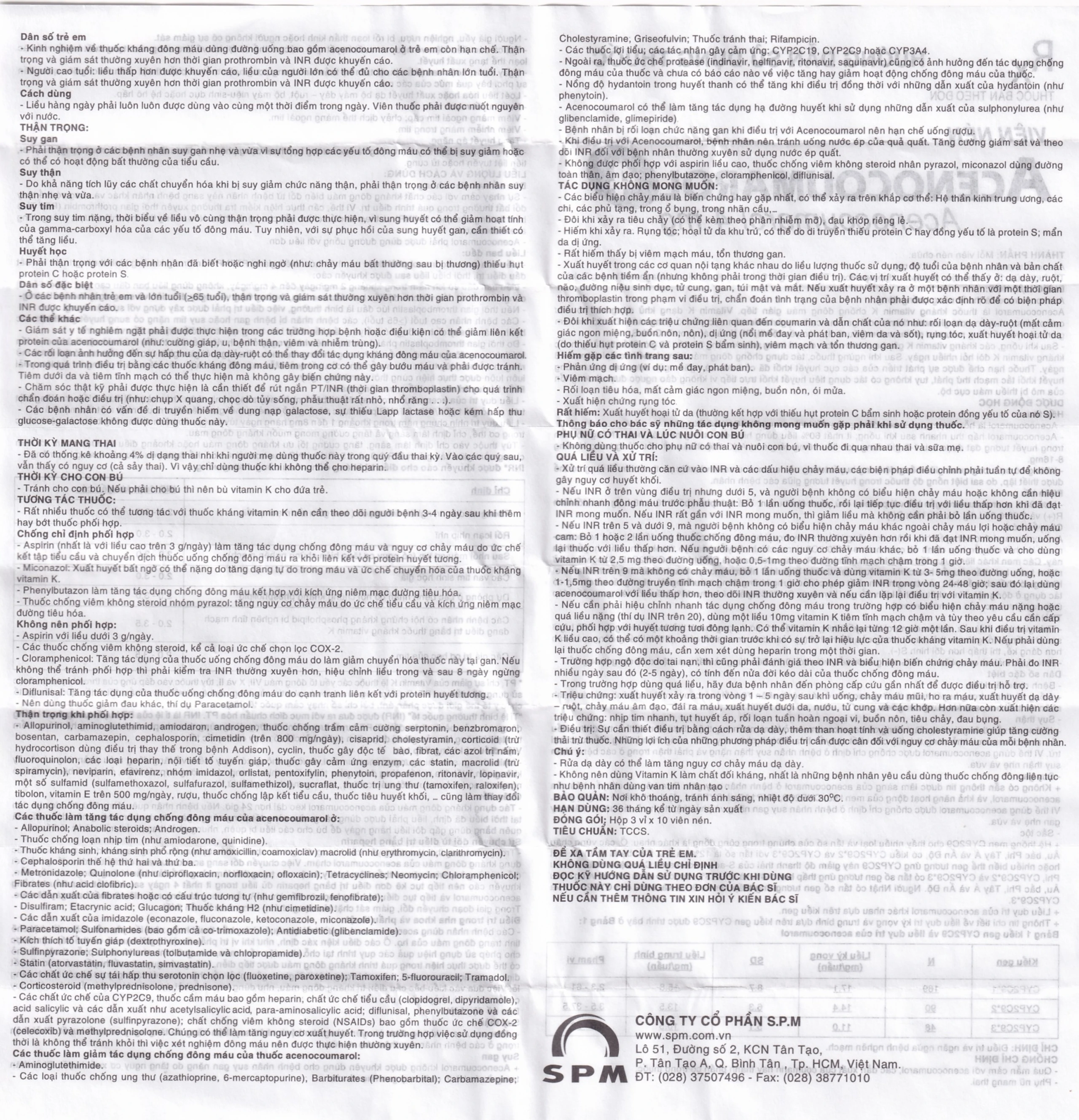 Thuốc Acenocoumarol 4 SPM điều trị và ngăn ngừa bệnh nghẽn mạch (3 vỉ x 10 viên)