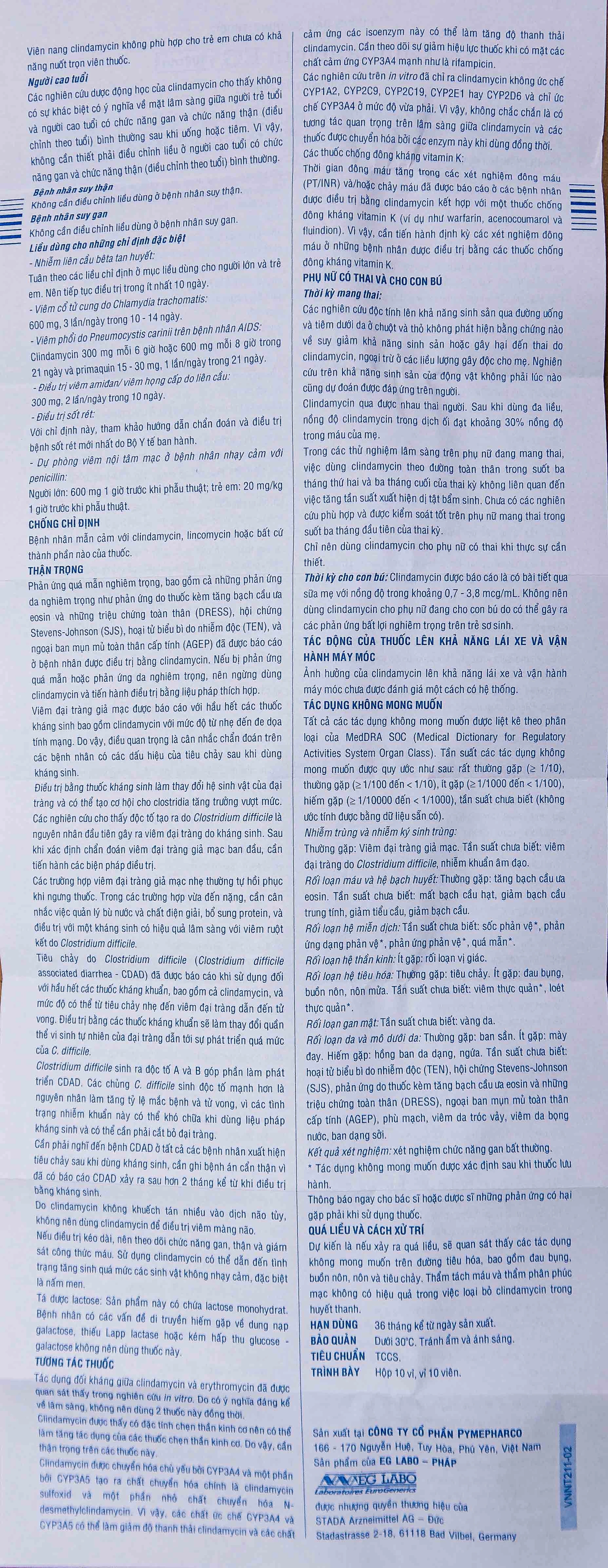 Thuốc Clindamycin EG 300mg Pymepharco điều trị các bệnh nhiễm khuẩn (10 vỉ x 10 viên)