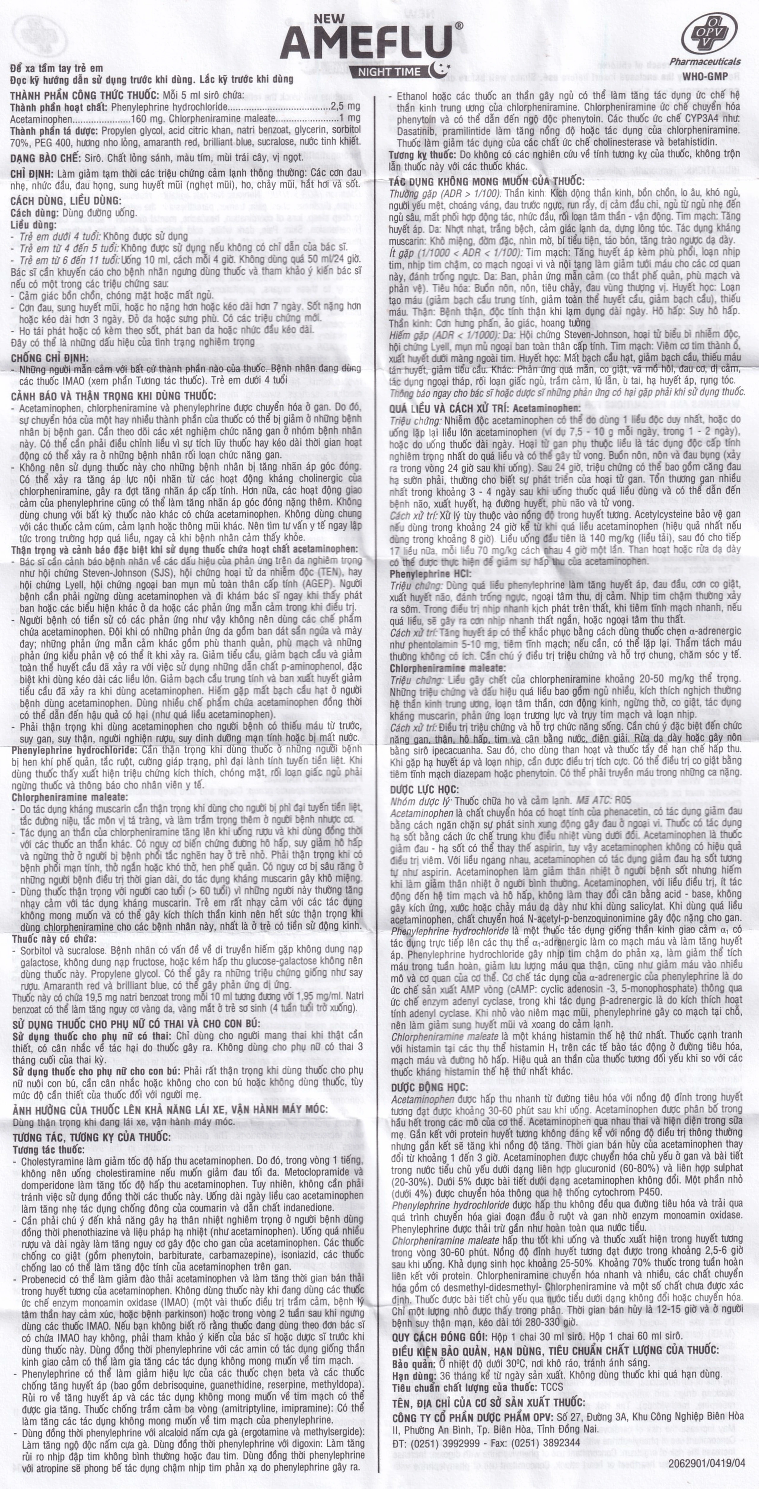 Siro New Ameflu Night Time OPV giảm các triệu chứng cảm lạnh (60ml)