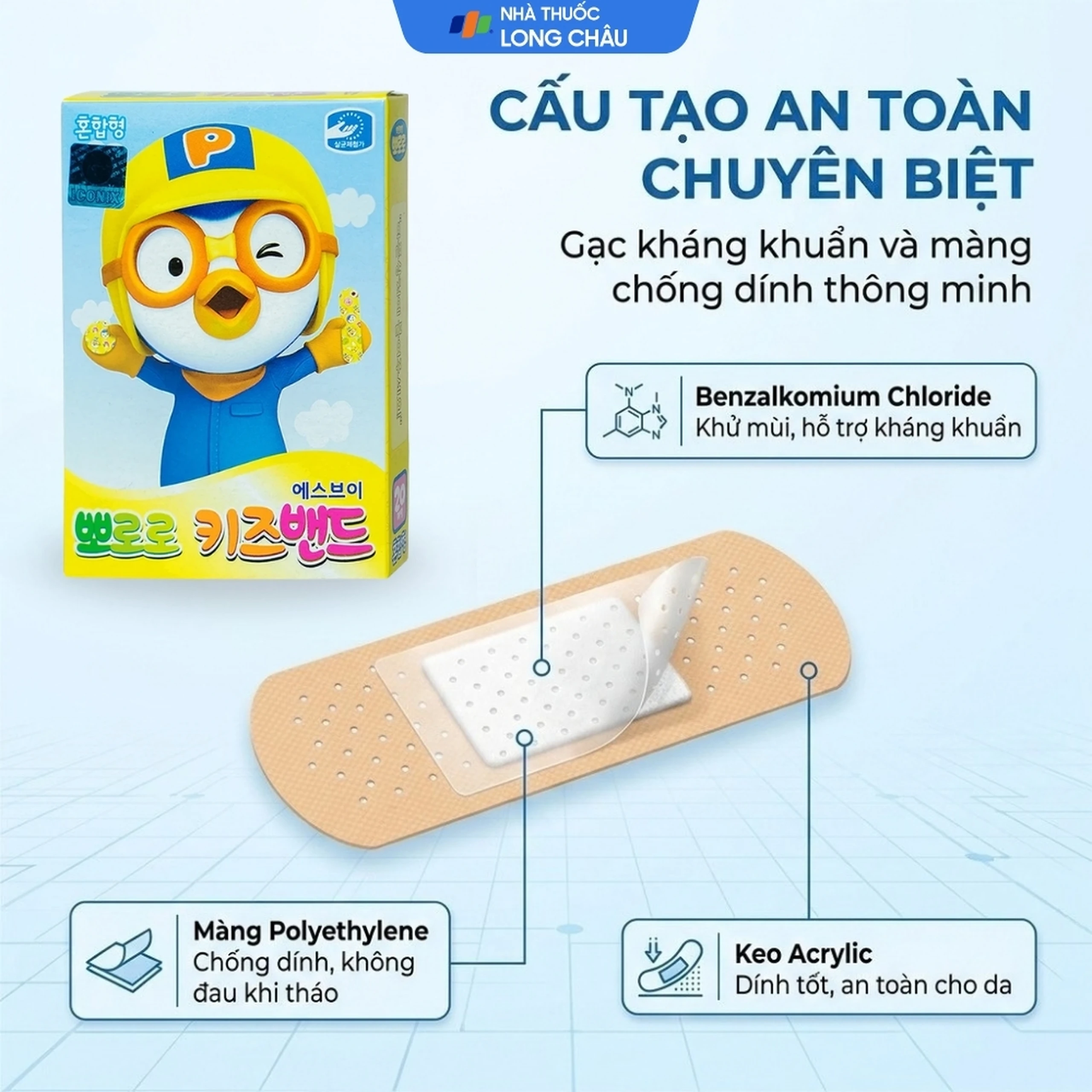Băng cá nhân trẻ em Pororo Kids Band 4 kích cỡ (20 miếng) Young Chemical 3