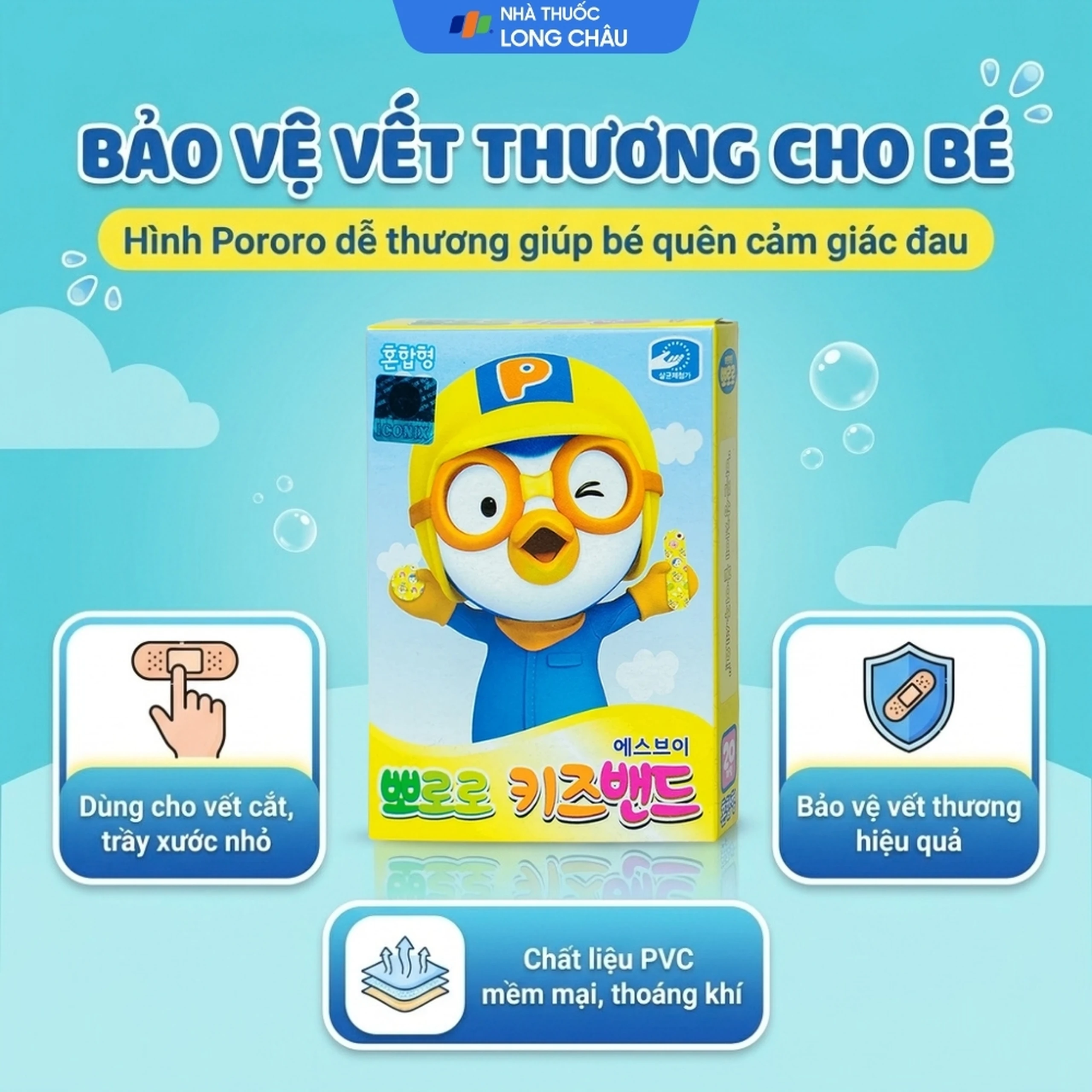 Băng cá nhân trẻ em Pororo Kids Band 4 kích cỡ (20 miếng) Young Chemical 2