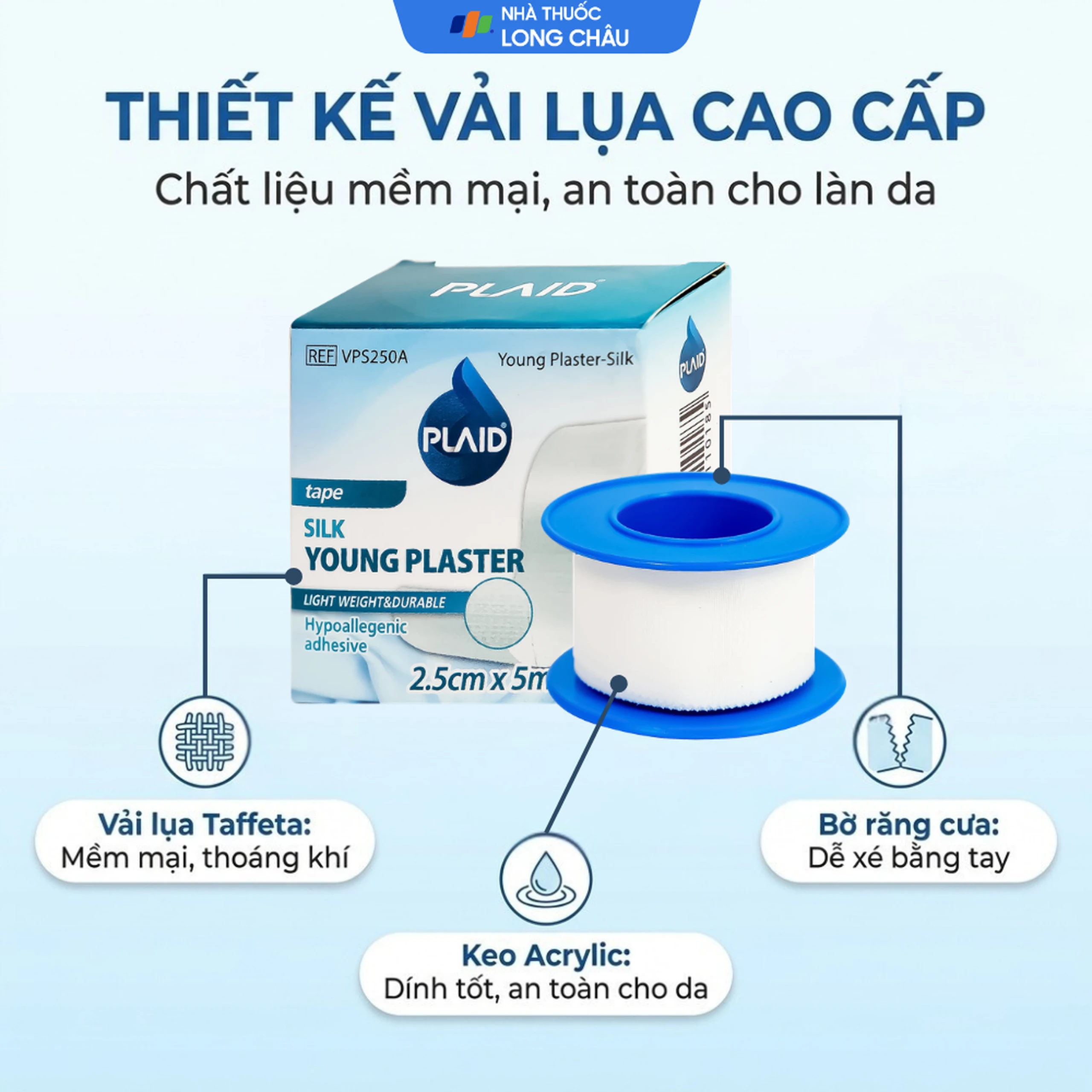 Băng cuộn lụa Plaid Young Plaster-Silk 2.5cmx5m giúp cố định băng gạc và dụng cụ y tế Young Chemical 3