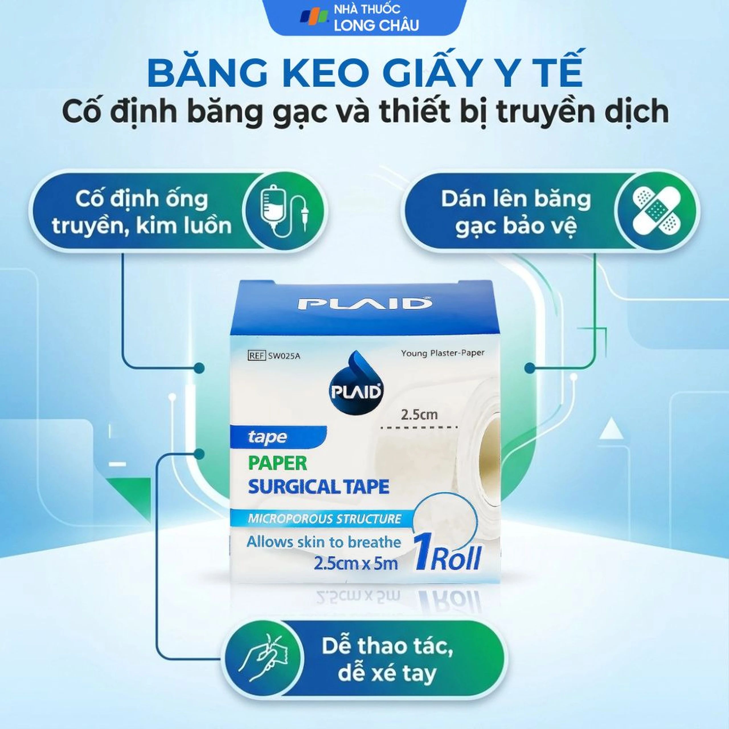 Băng cuộn giấy Plaid Young Plaster-Paper 2.5cmx5m giúp cố định băng gạc và dụng cụ y tế Young chemical 3